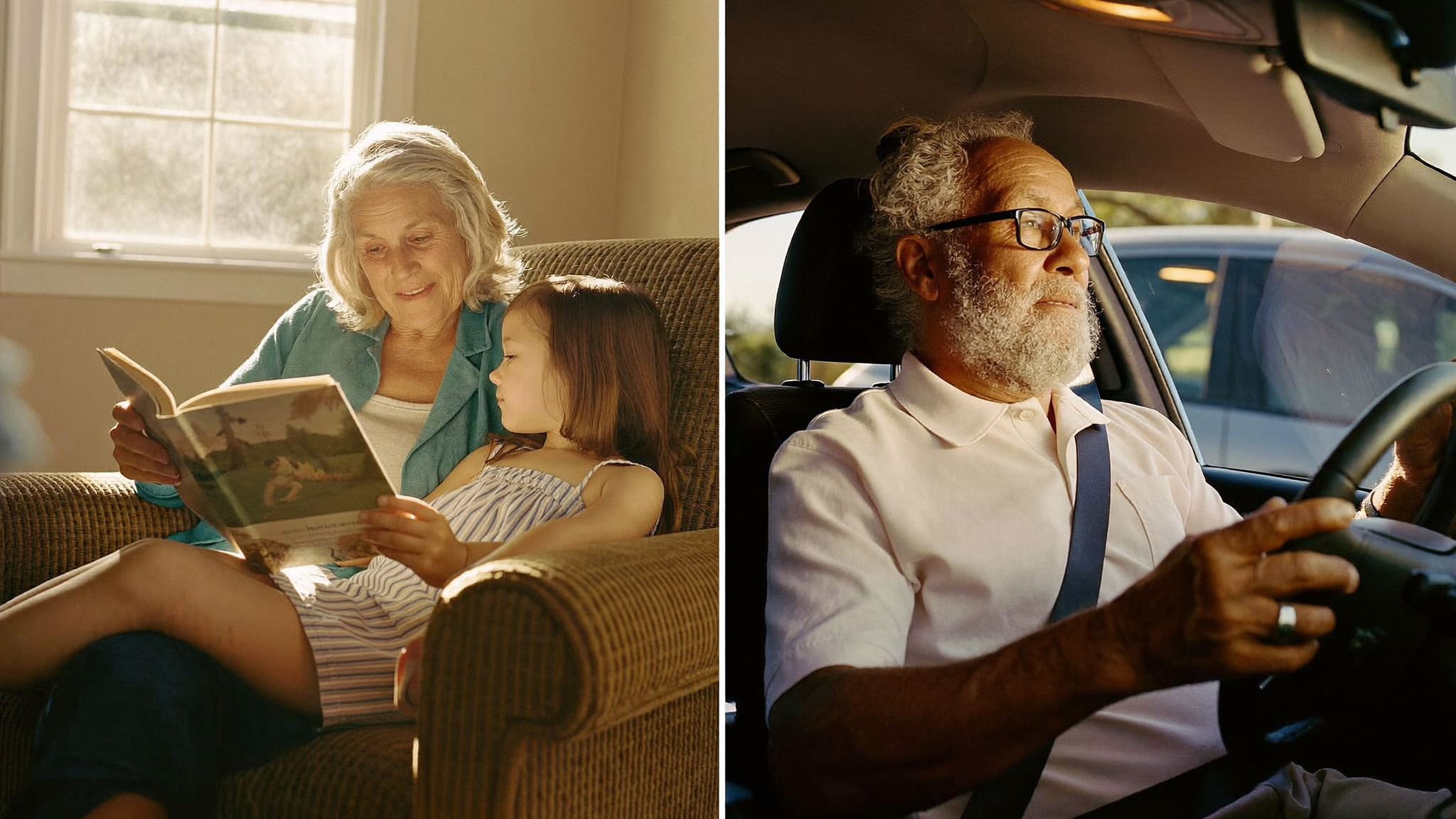 A grandmother reading to a grandchild; a man driving comfortably at dusk