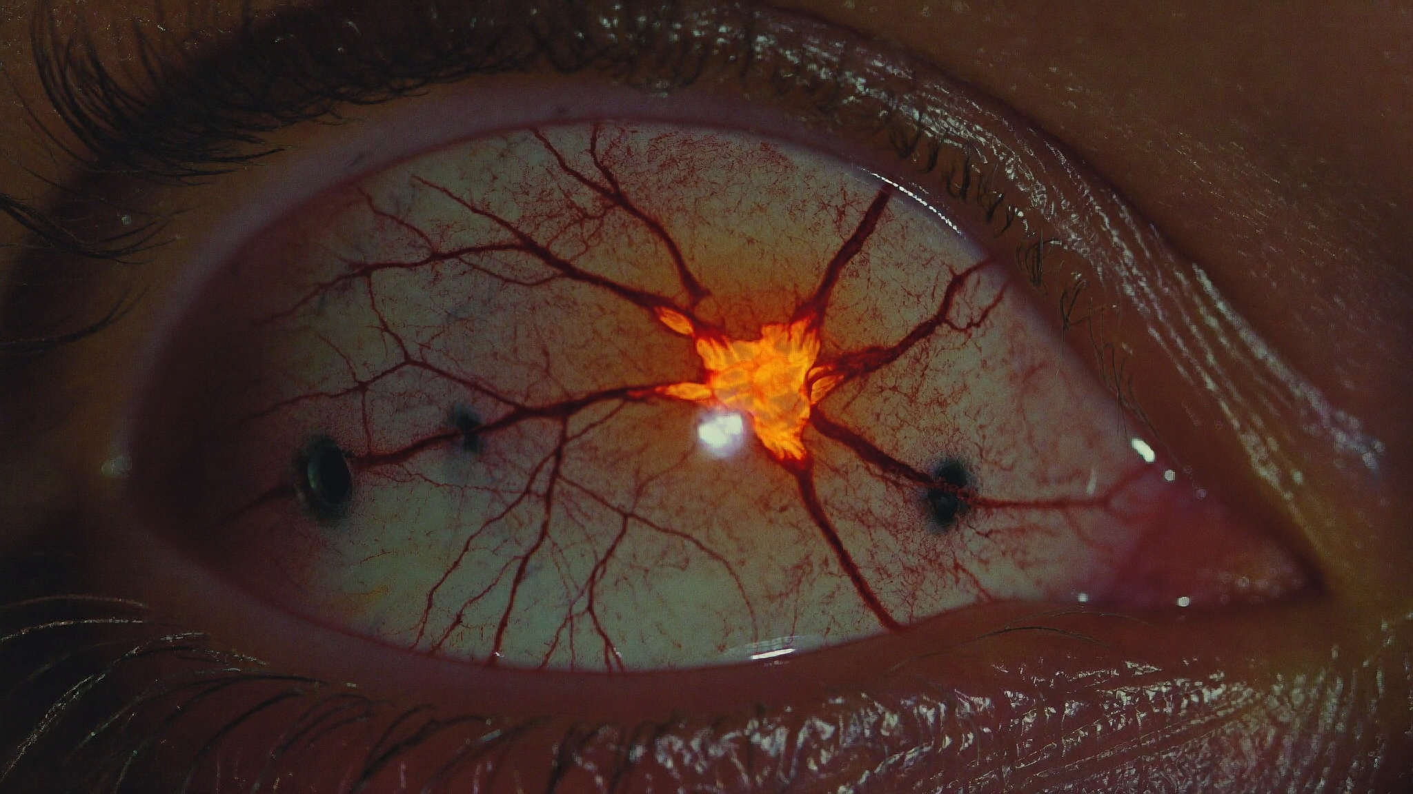 Macro of a diabetic eye: the tiny vessels still glowing like embers
