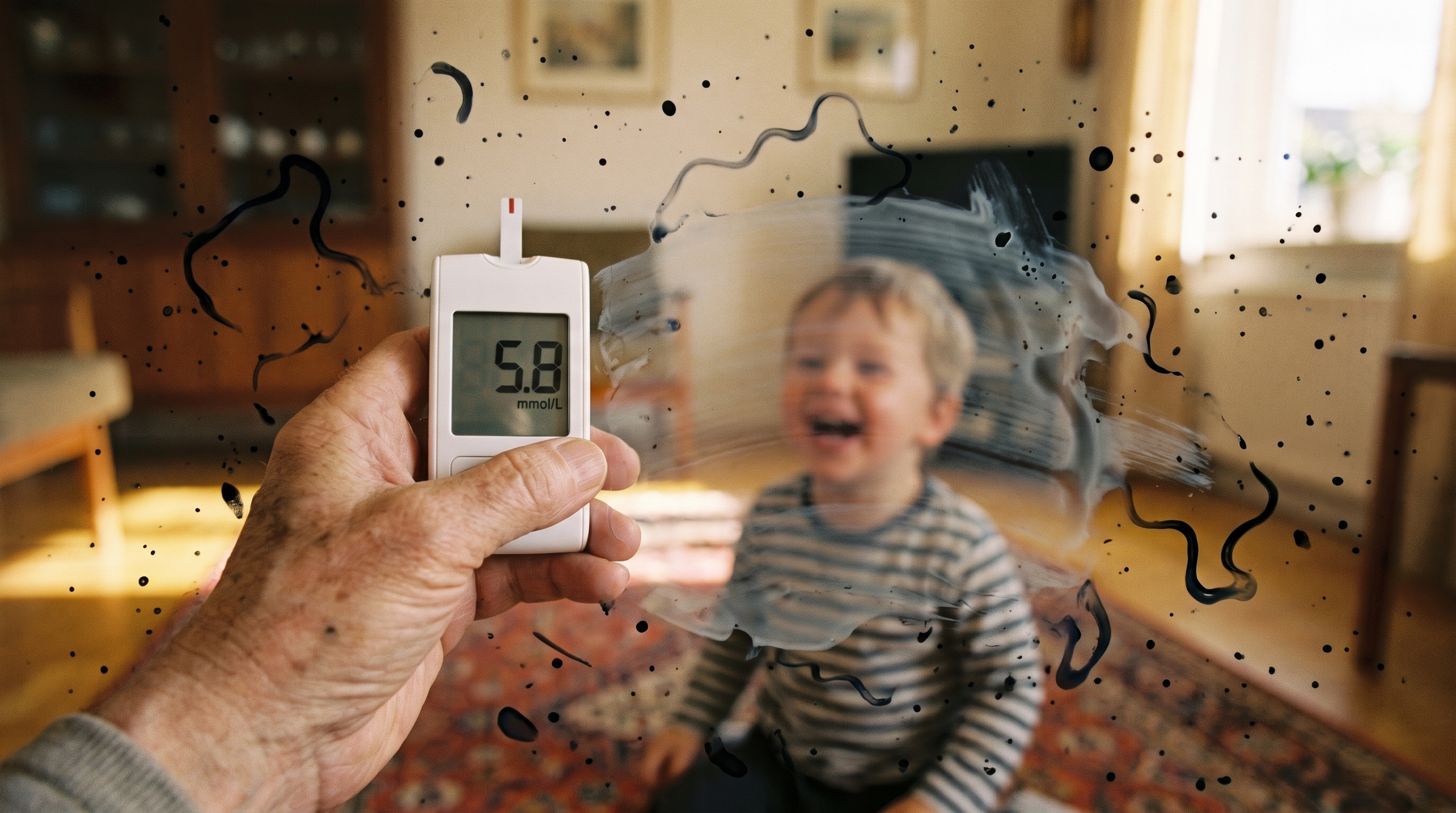 A perfect glucose reading held up while a grandchild's face disappears behind floaters and haze