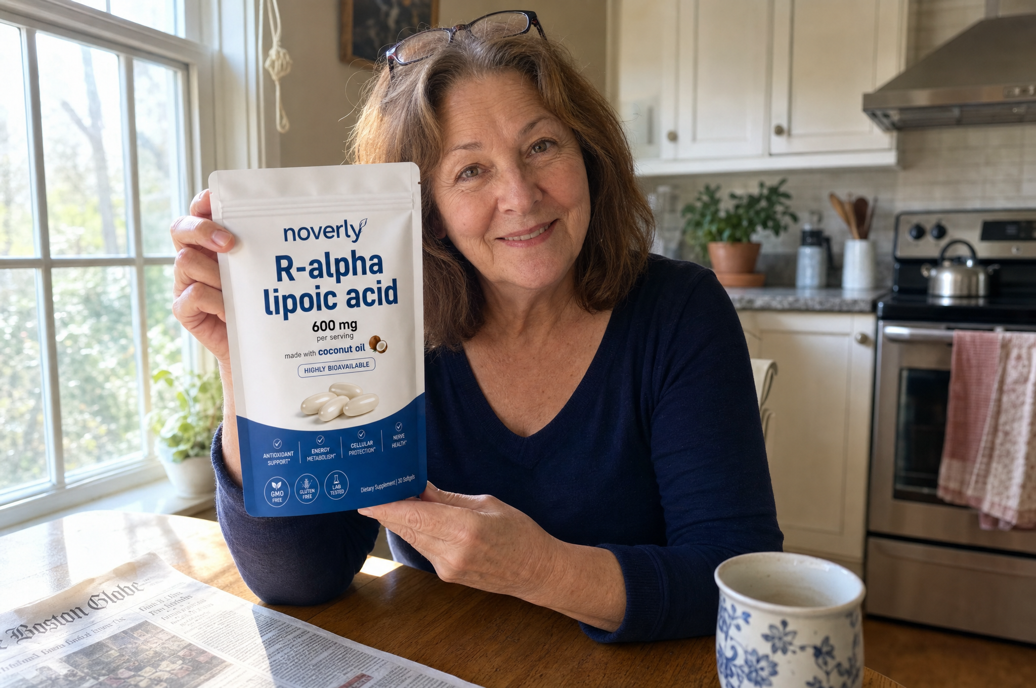 Customer holding the Noverly R-Alpha Lipoic Acid pouch at her kitchen table