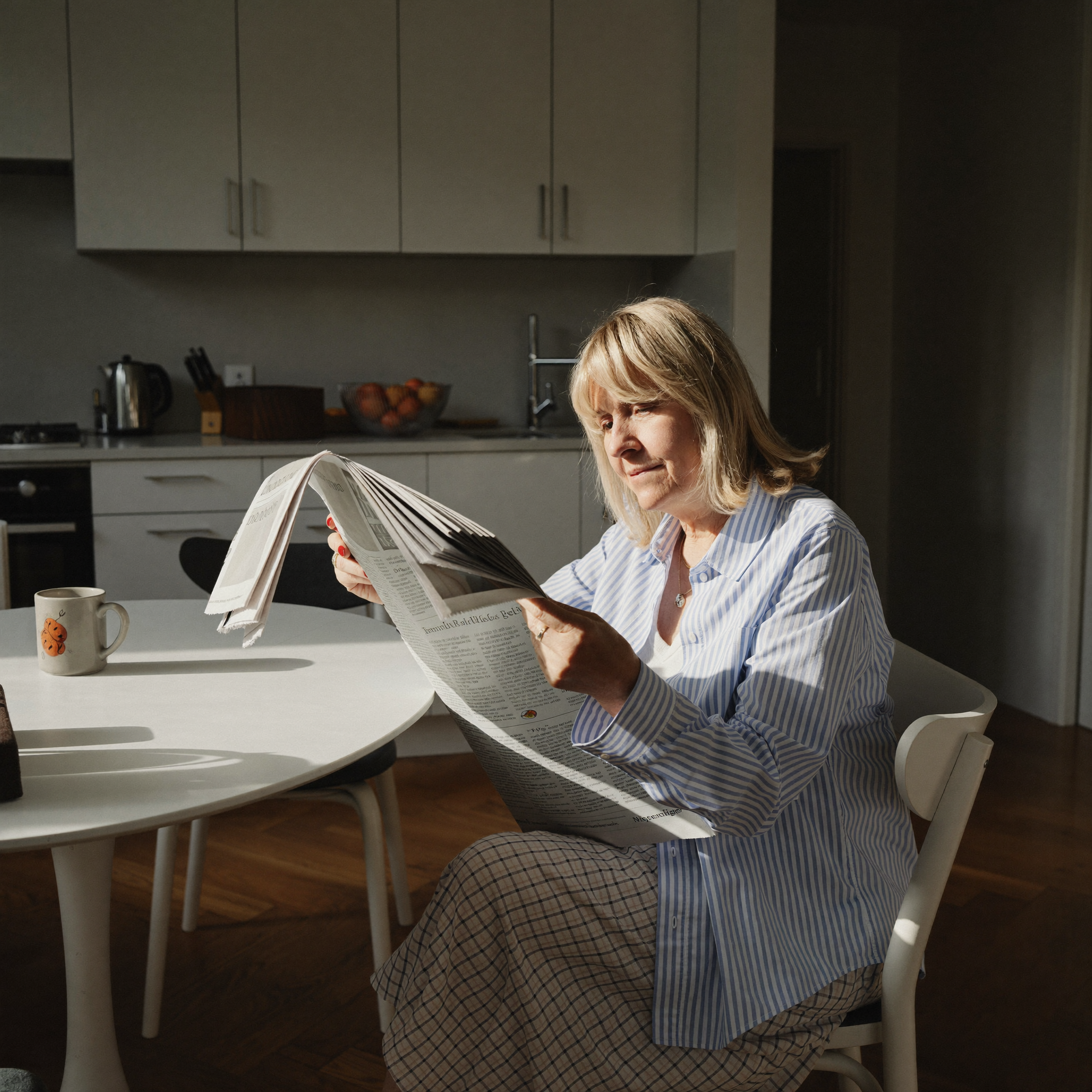 Reading the newspaper at the kitchen table