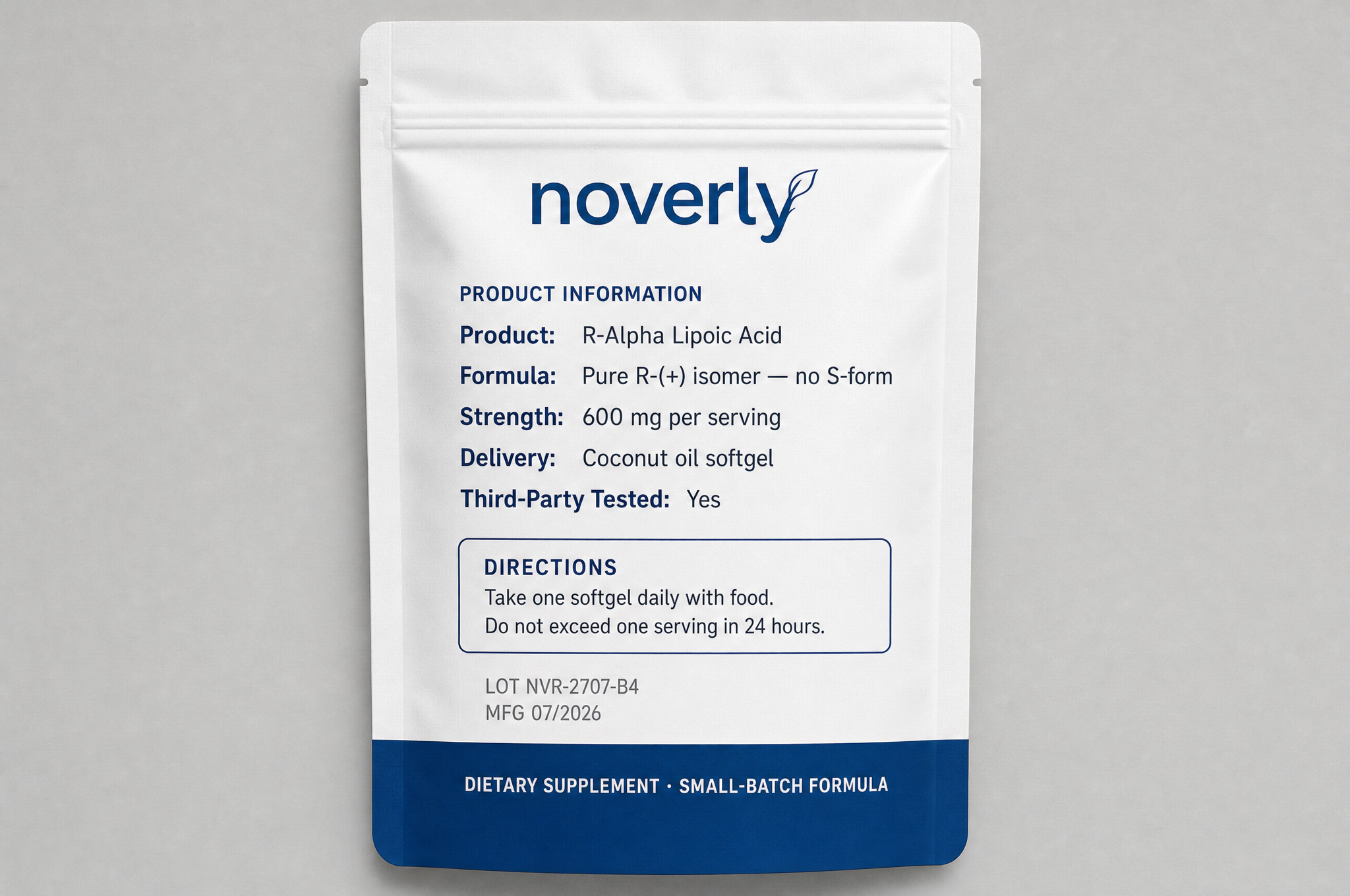 Noverly R-Alpha Lipoic Acid spec panel — lot, formula, directions