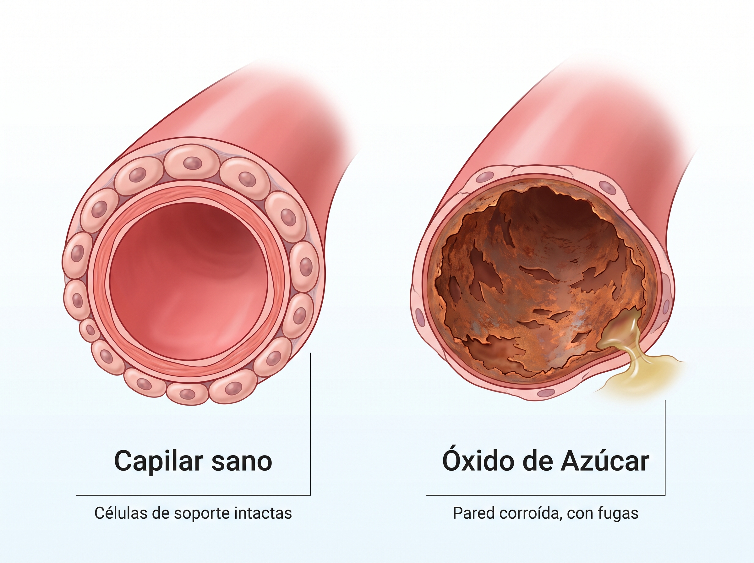 Un capilar sano de la retina frente a uno con Óxido de Azúcar