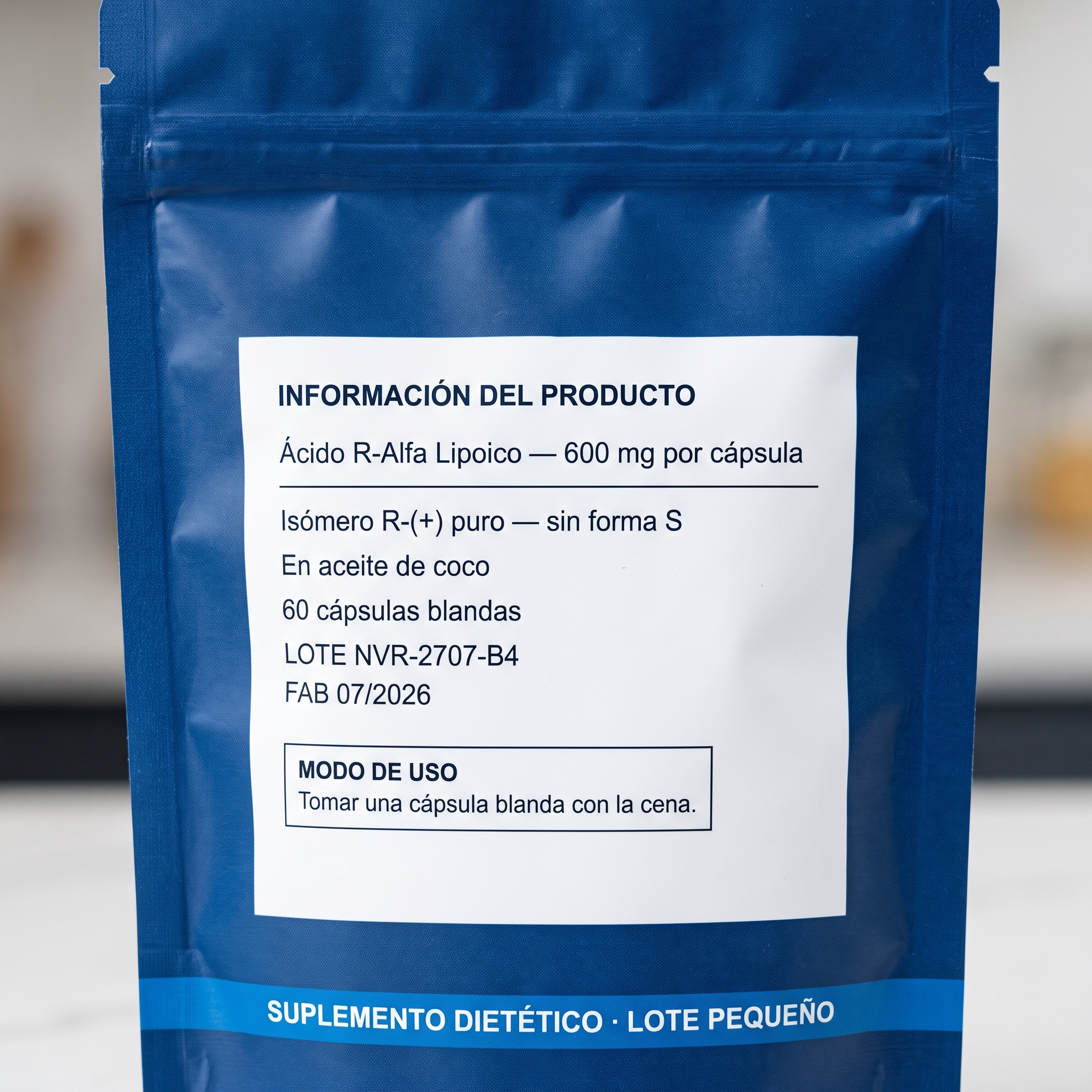 Panel de especificaciones del Ácido R-Alfa Lipoico de Noverly — lote, fórmula, modo de uso