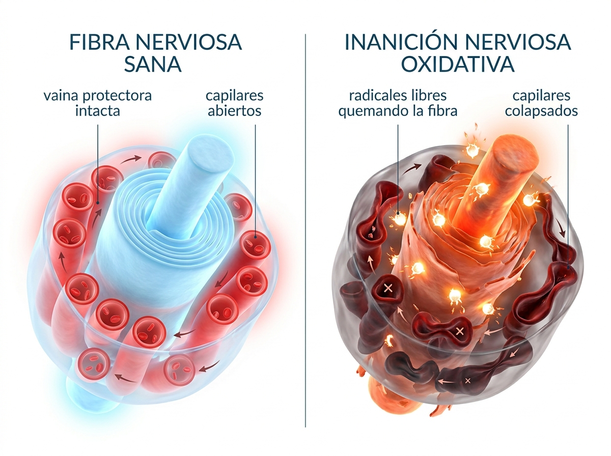 Fibra nerviosa sana frente a inanición nerviosa oxidativa