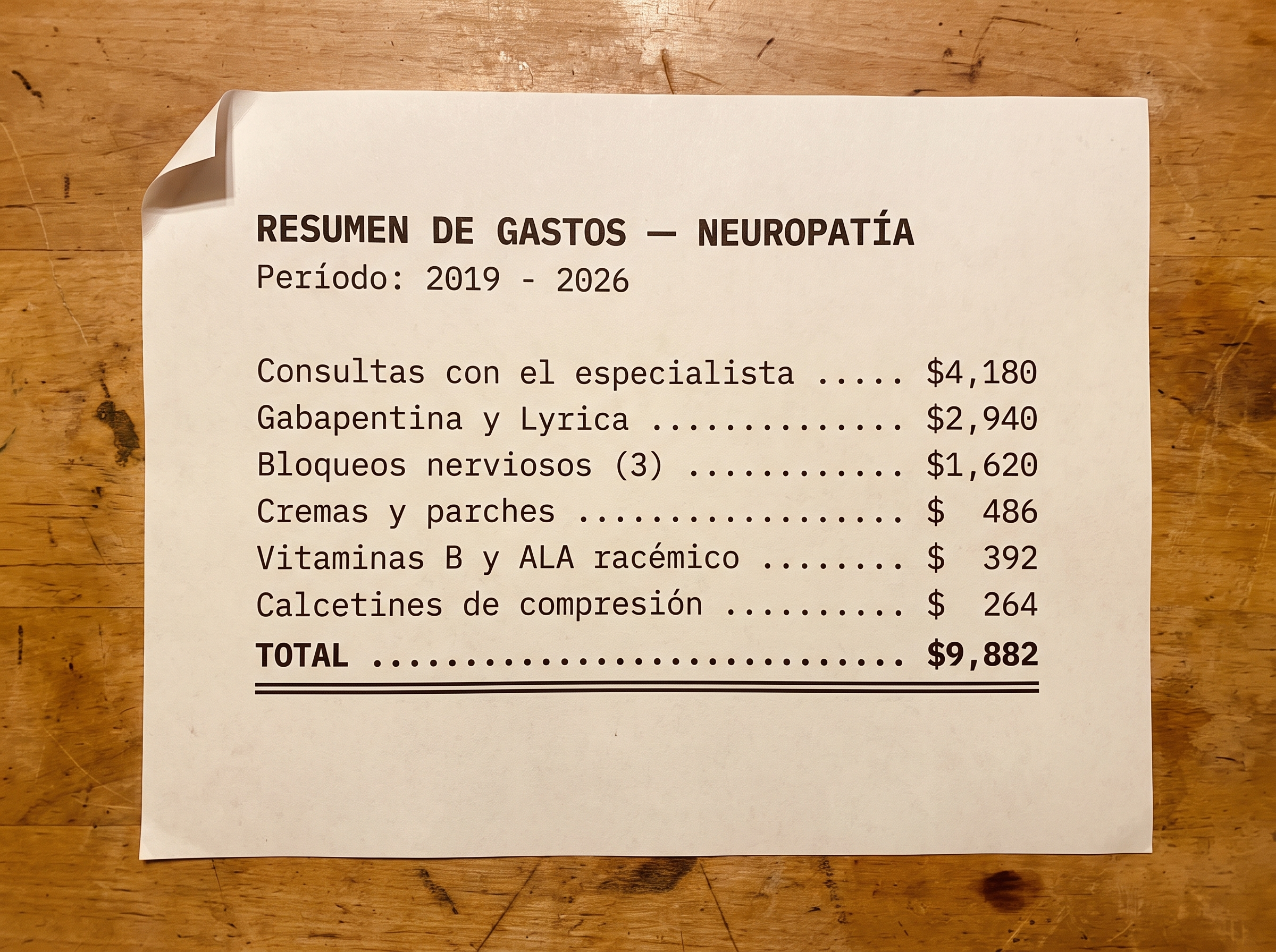 Estado de cuenta detallado — años gastando persiguiendo alivio