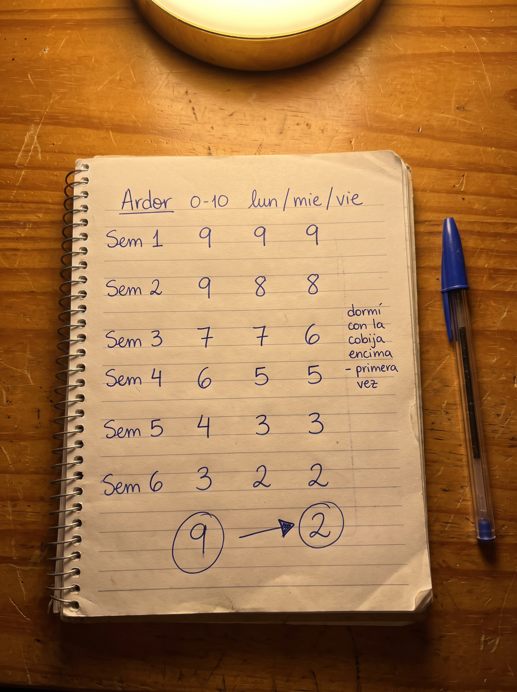 Cuaderno escrito a mano — la calificación nocturna bajando de 9 a 2