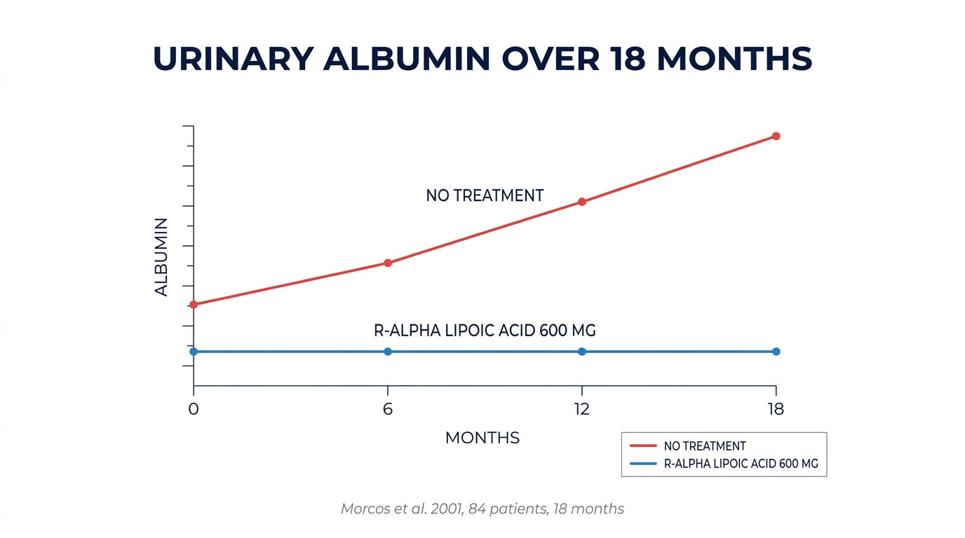Chart: urinary albumin over 18 months — rising without treatment, flat with 600 mg R-alpha lipoic acid