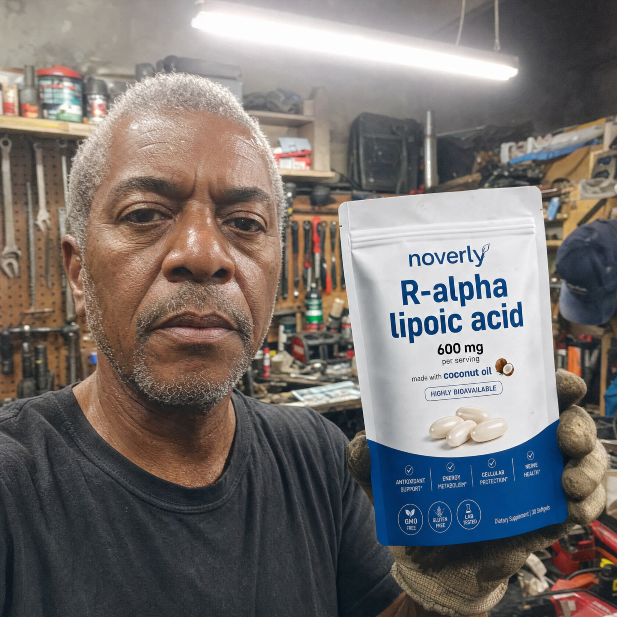 Dale Mattox holding Noverly R-Alpha Lipoic Acid