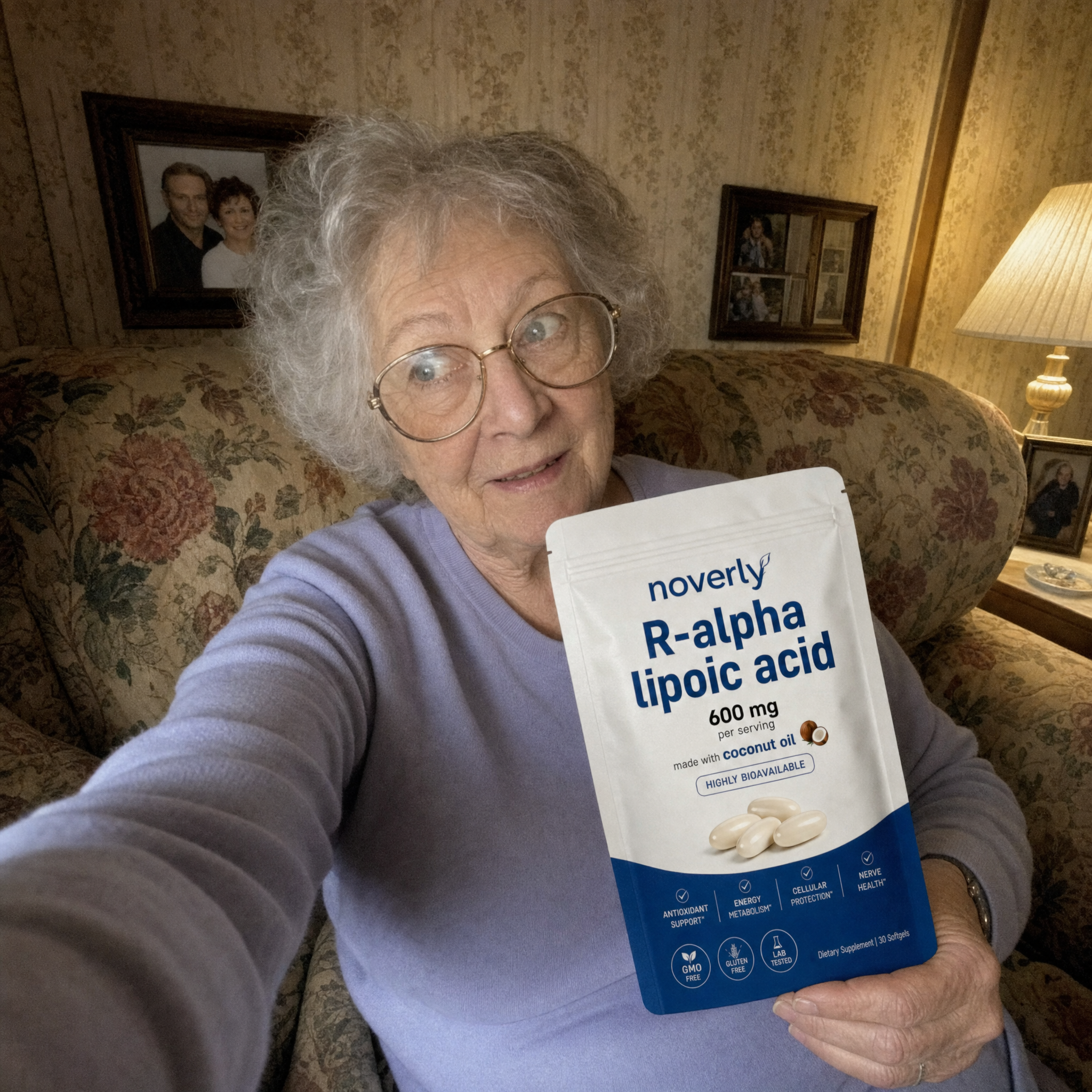 Lorraine Beckwith holding Noverly R-Alpha Lipoic Acid