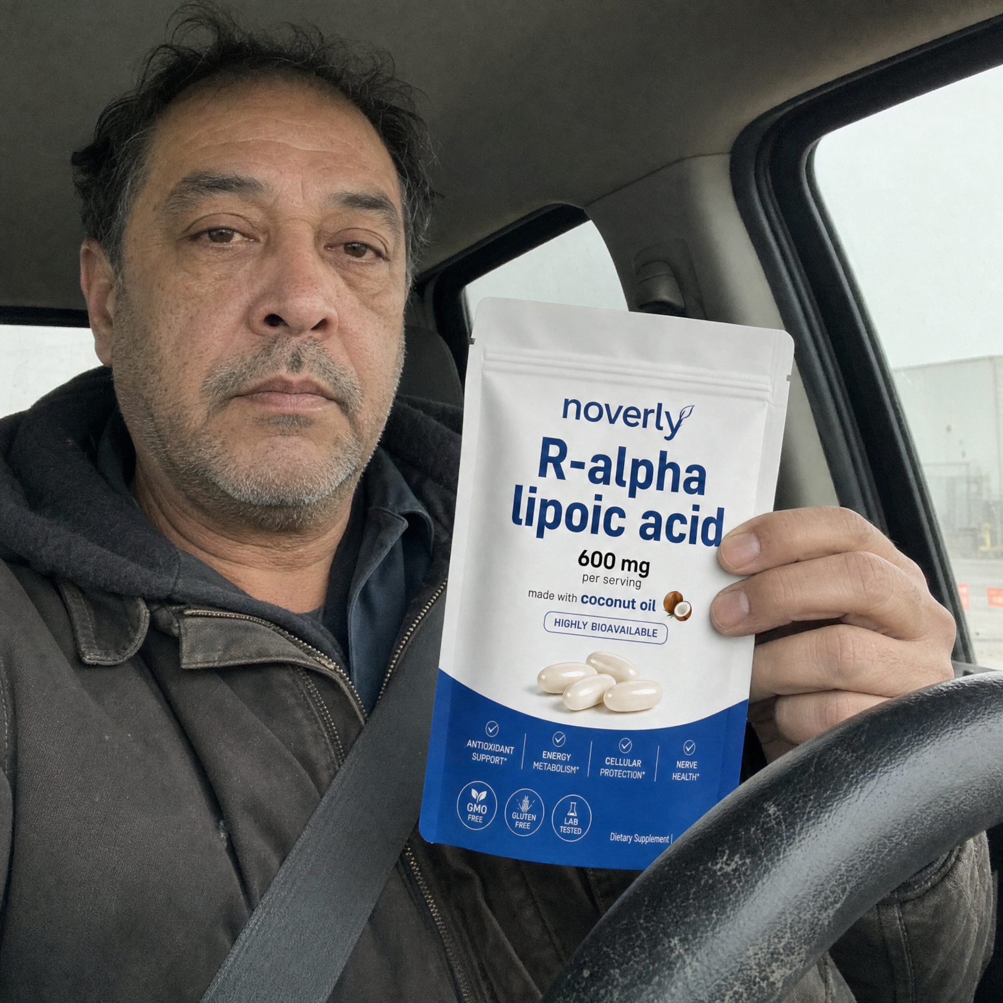 Marvin Teague holding Noverly R-Alpha Lipoic Acid