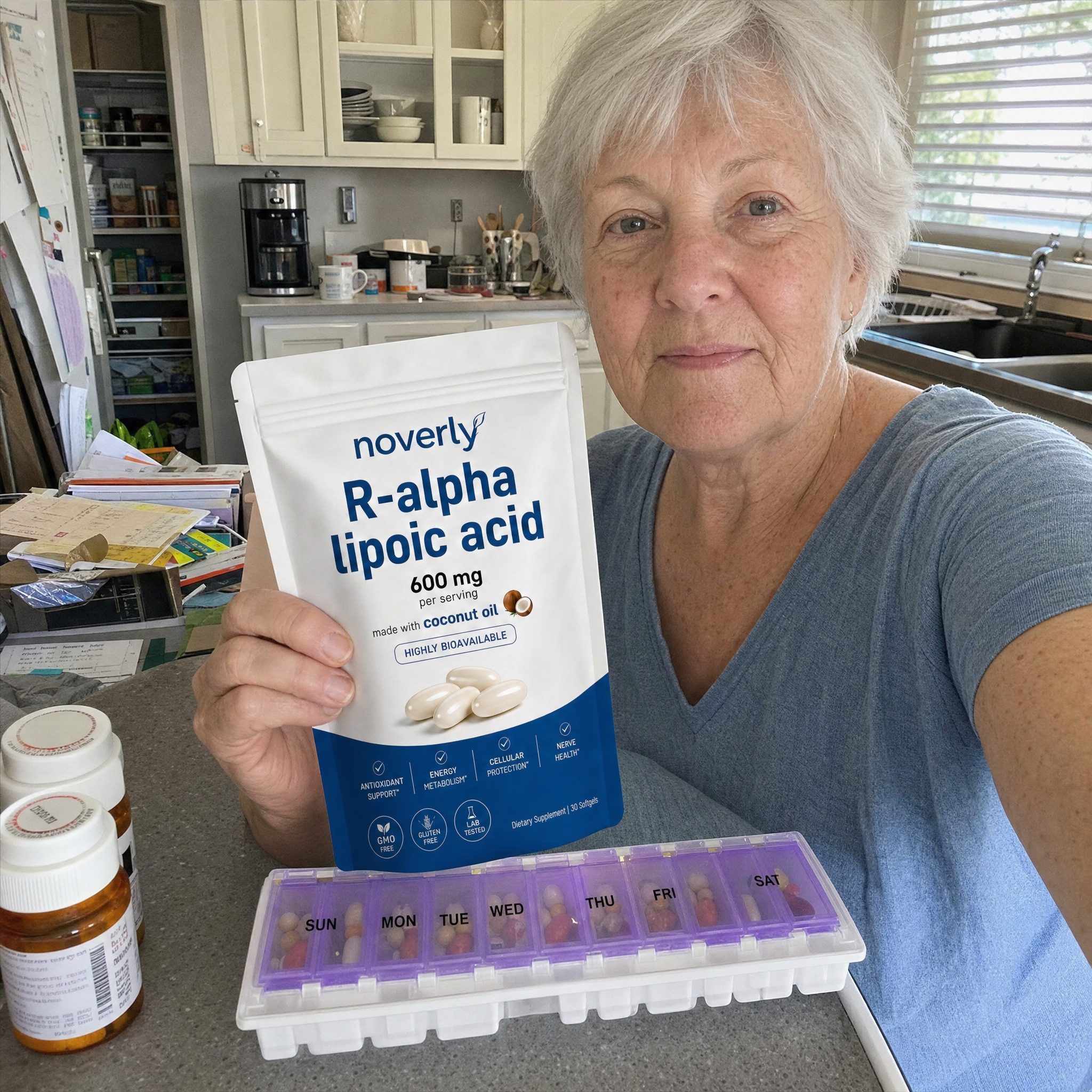 Cheryl Vandiver holding Noverly R-Alpha Lipoic Acid