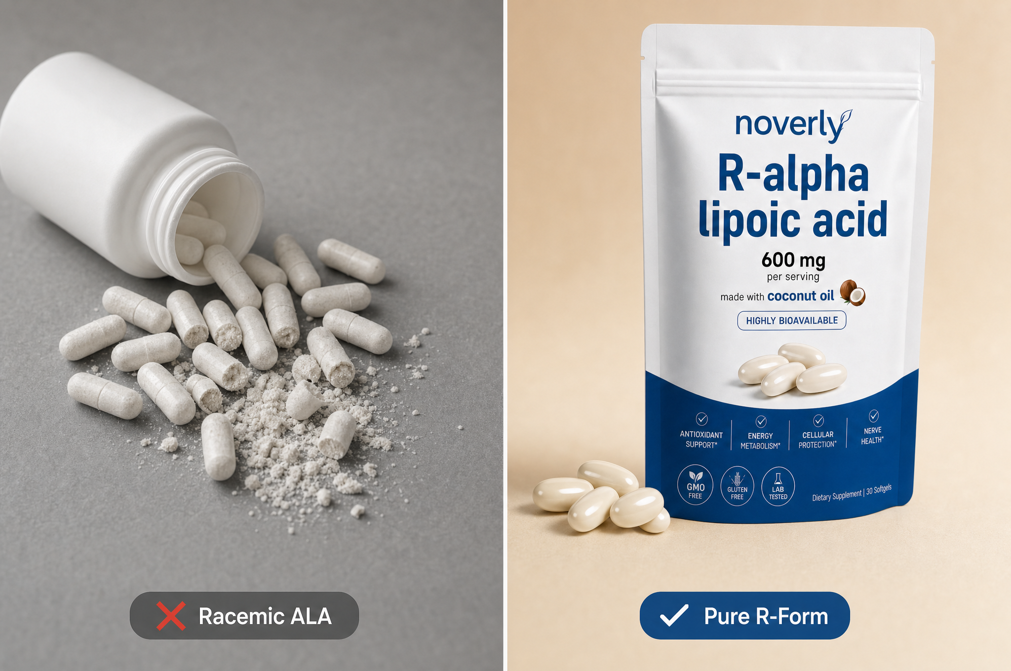 Split screen comparing crumbling generic racemic ALA capsules against Noverly pure R-form softgels