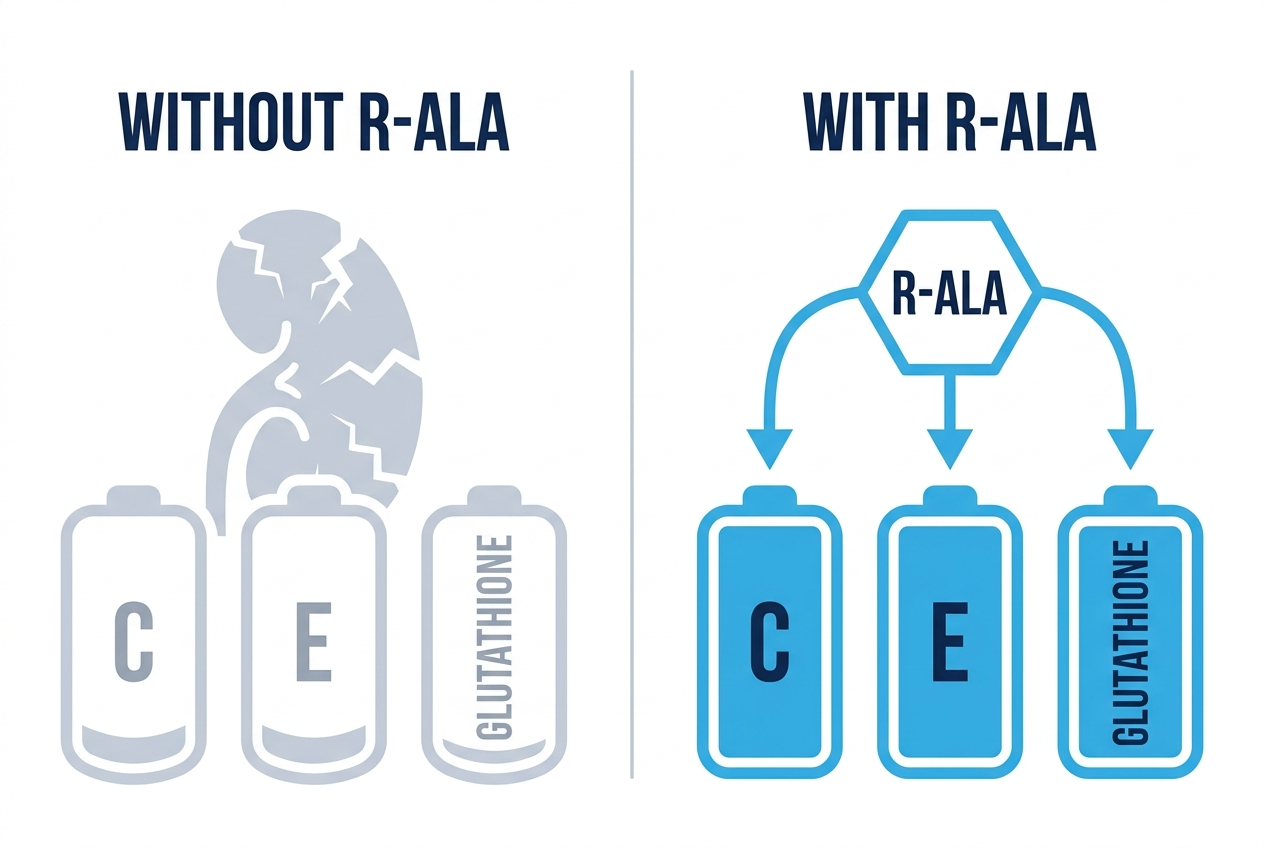 Diagram comparing depleted vitamin C, E and glutathione without R-ALA against recharged ones with R-ALA