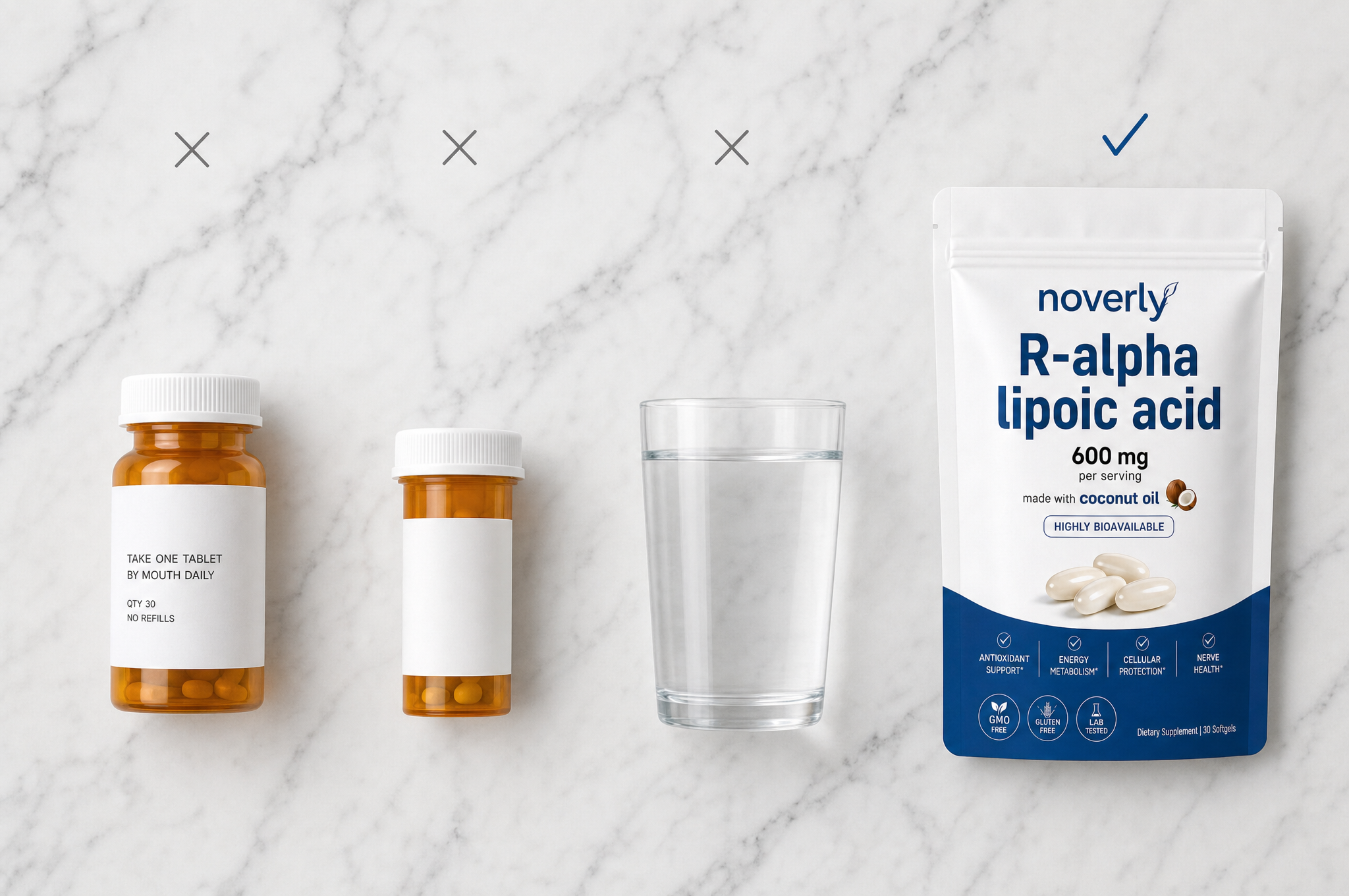 Flat lay of two prescription bottles and a glass of water marked with an X, and the Noverly pouch marked with a check