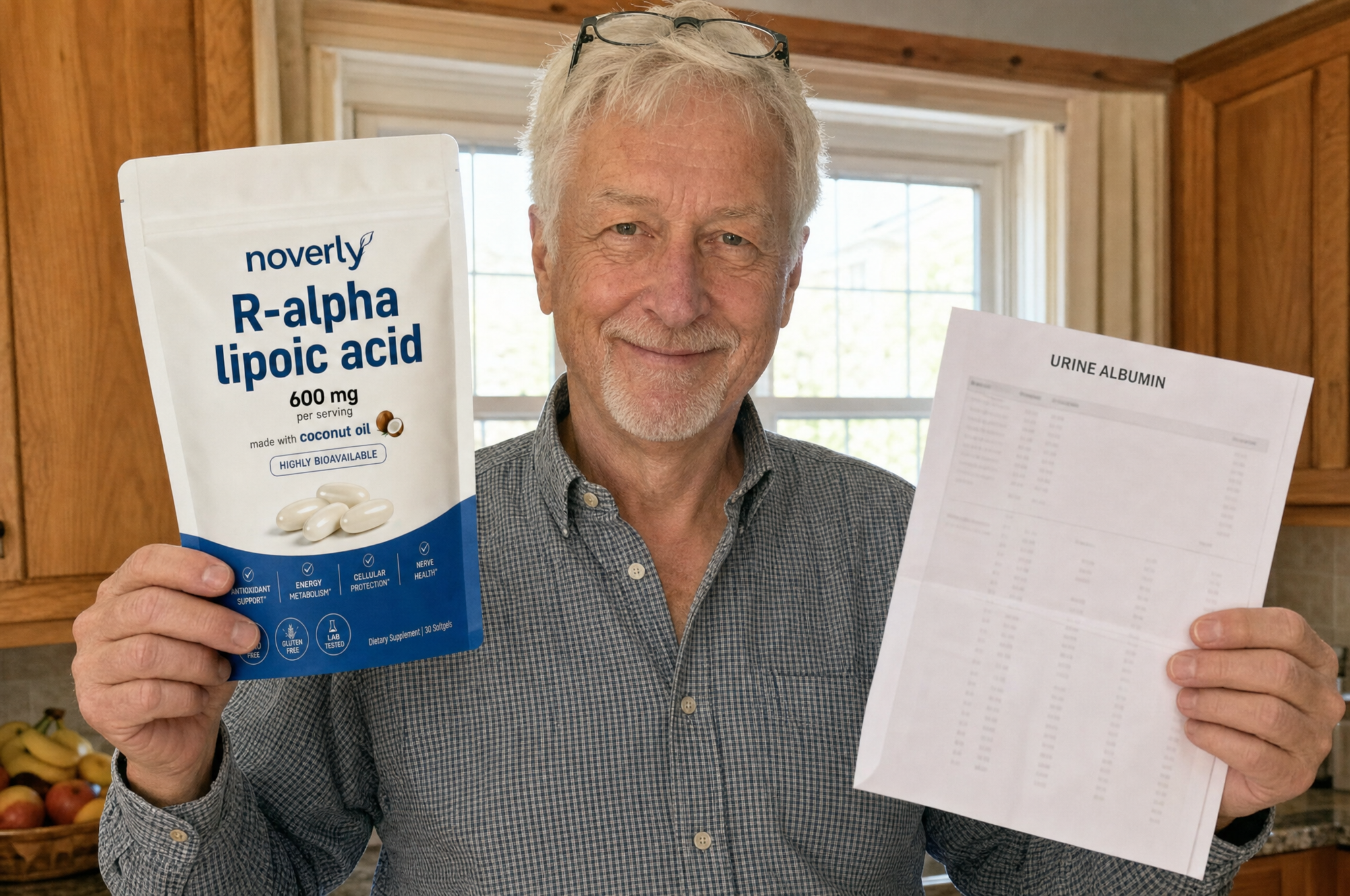 Man holding a pouch of Noverly R-alpha lipoic acid and a urine albumin lab printout