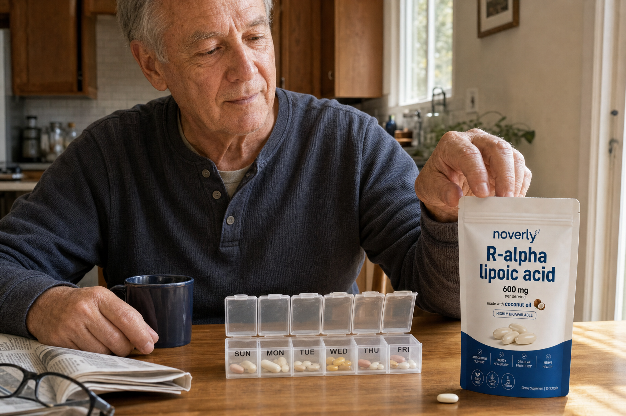 Man at a kitchen table with a weekly pill organizer open beside the Noverly pouch