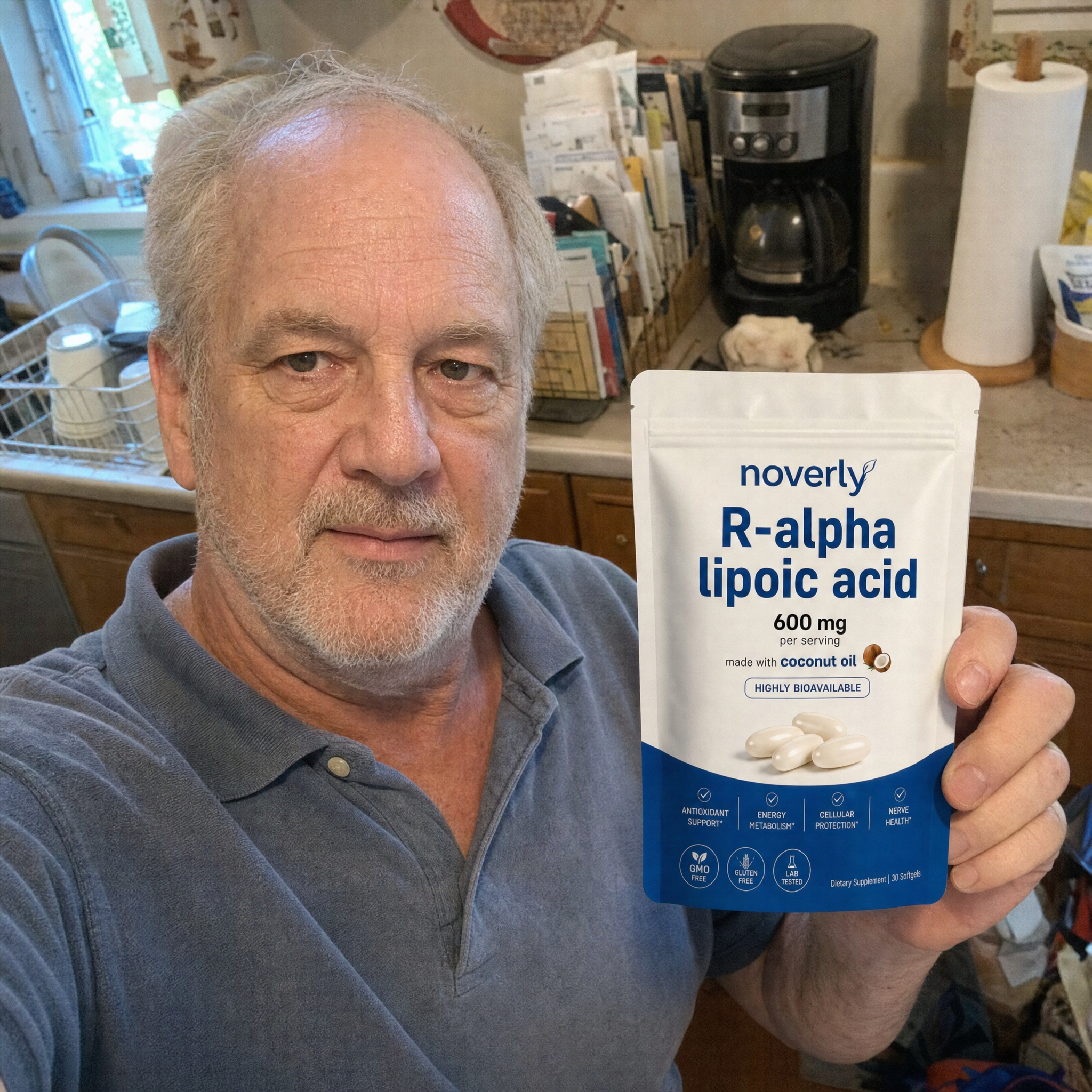 Customer in his own kitchen holding the Noverly pouch