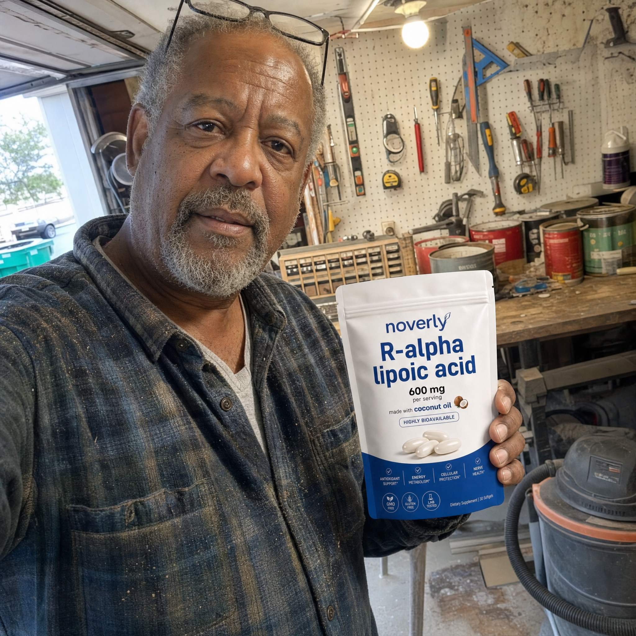 Customer at his workbench holding the Noverly pouch
