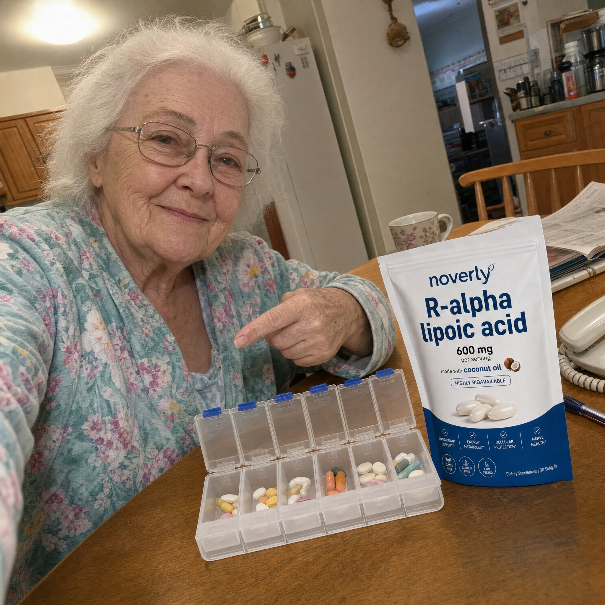 Customer pointing at the Noverly pouch beside her weekly pill organizer