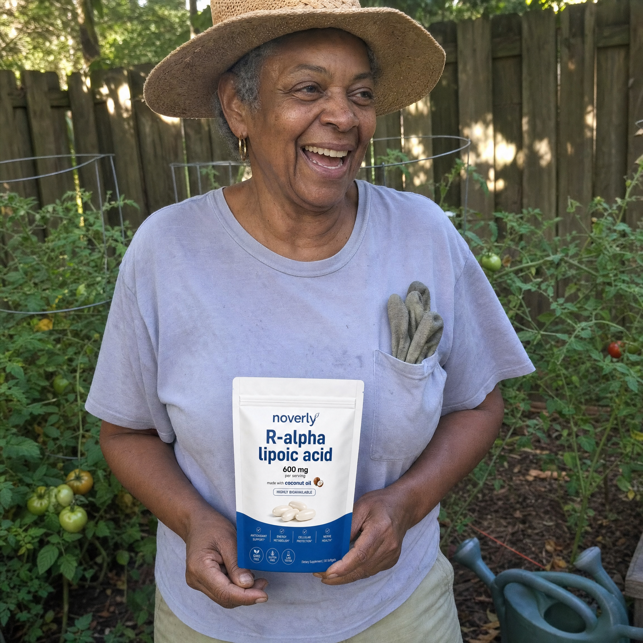 Customer in her garden holding the Noverly pouch