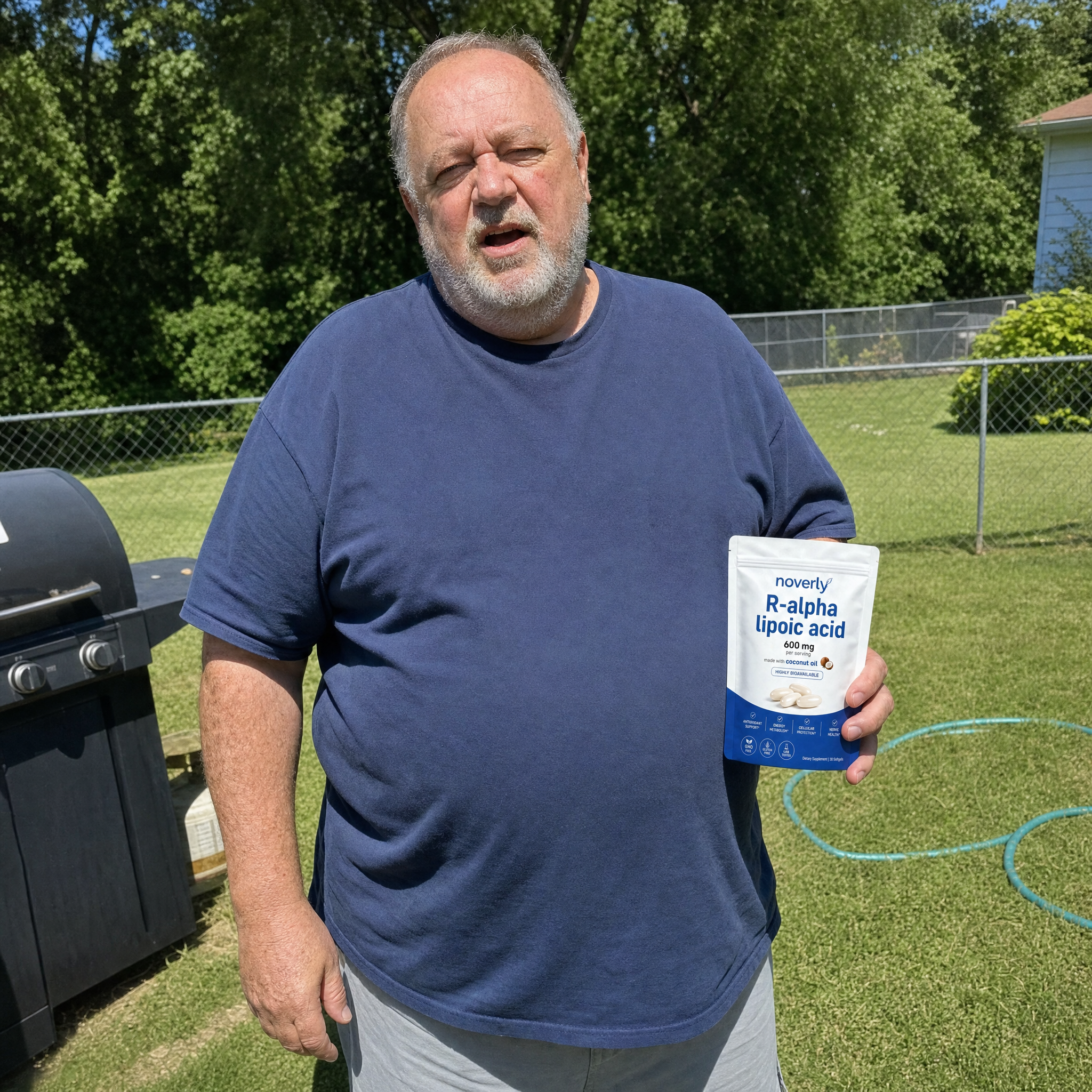 Customer in his back yard holding the Noverly pouch