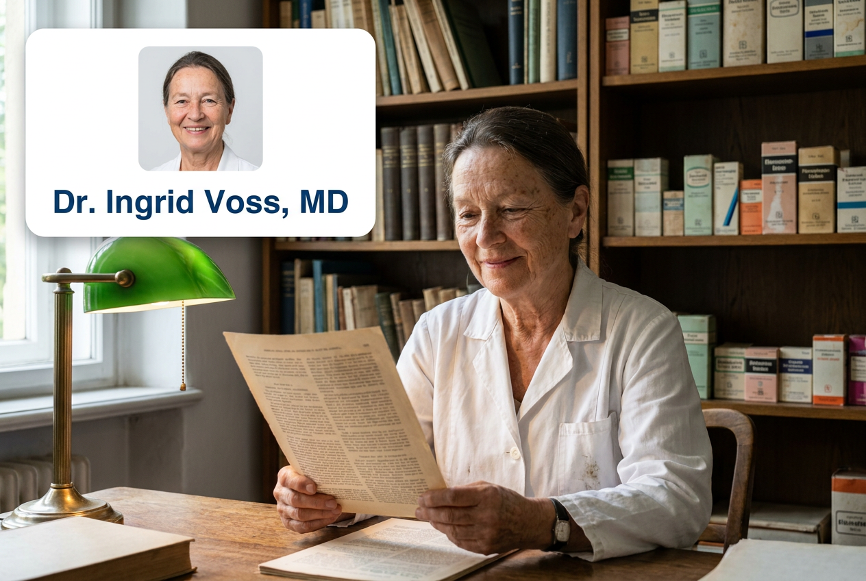 Physician in a clinical archive of vintage German pharmaceutical boxes reading a printed study
