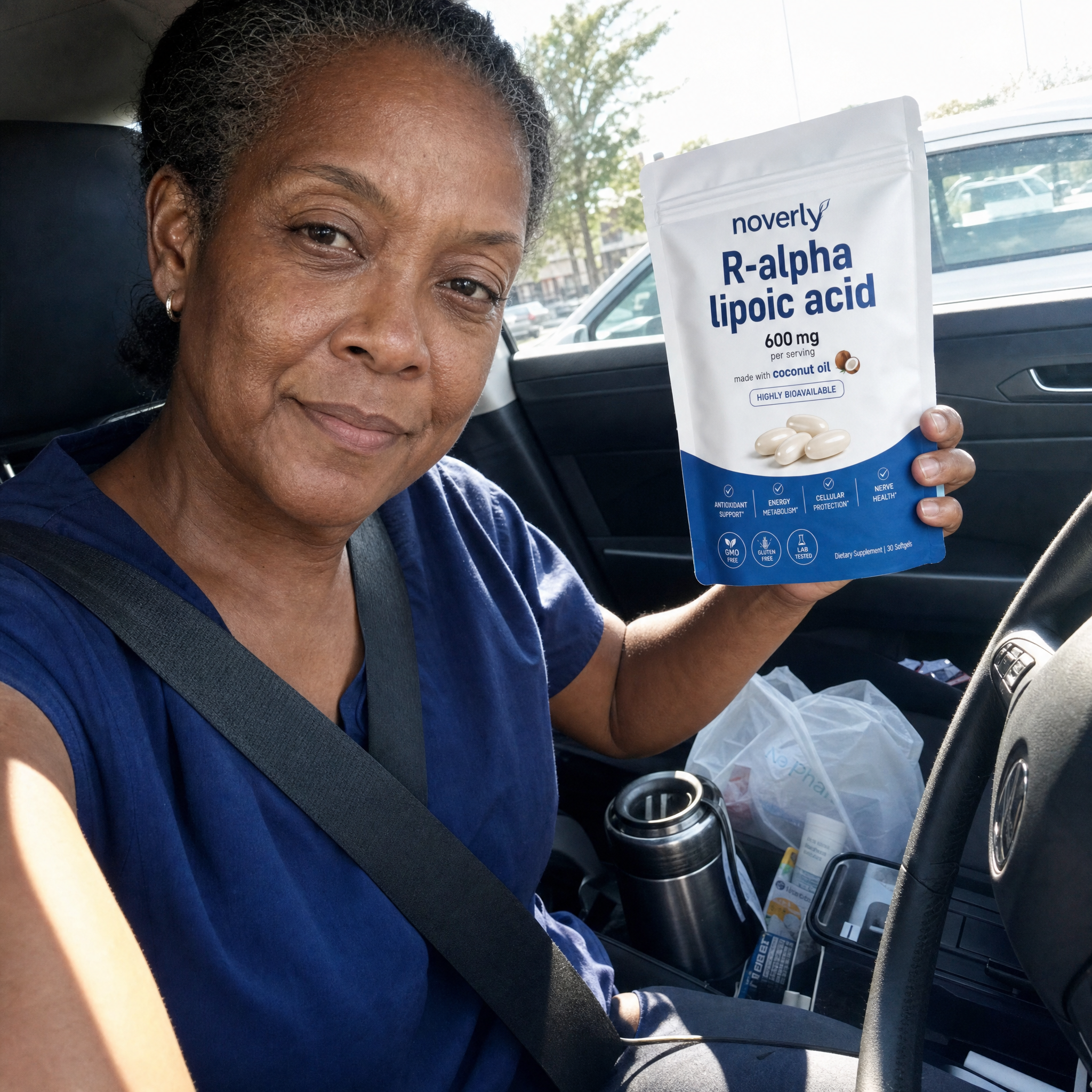 Customer in her car before a shift holding the Noverly pouch