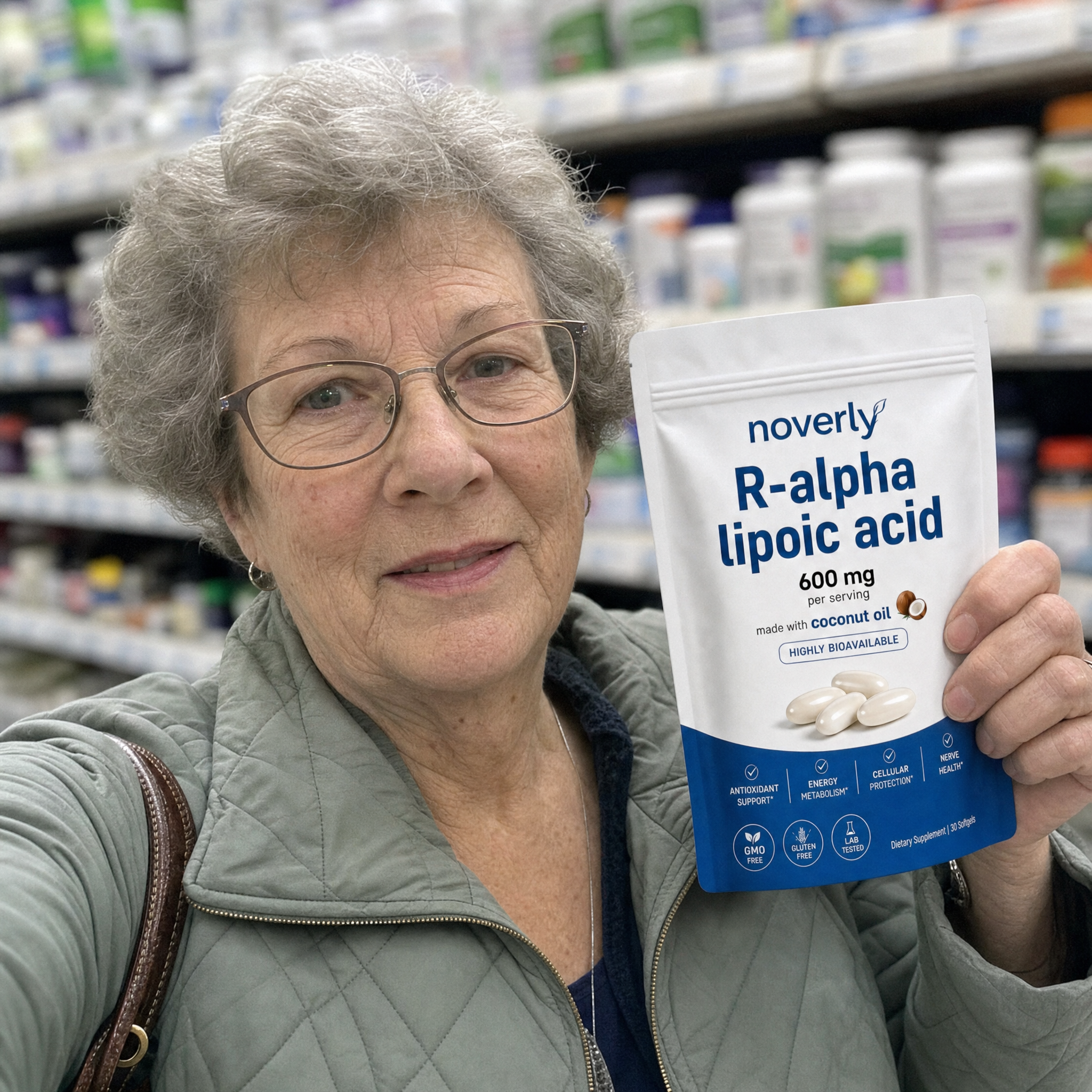 Customer in the supplement aisle holding the Noverly pouch