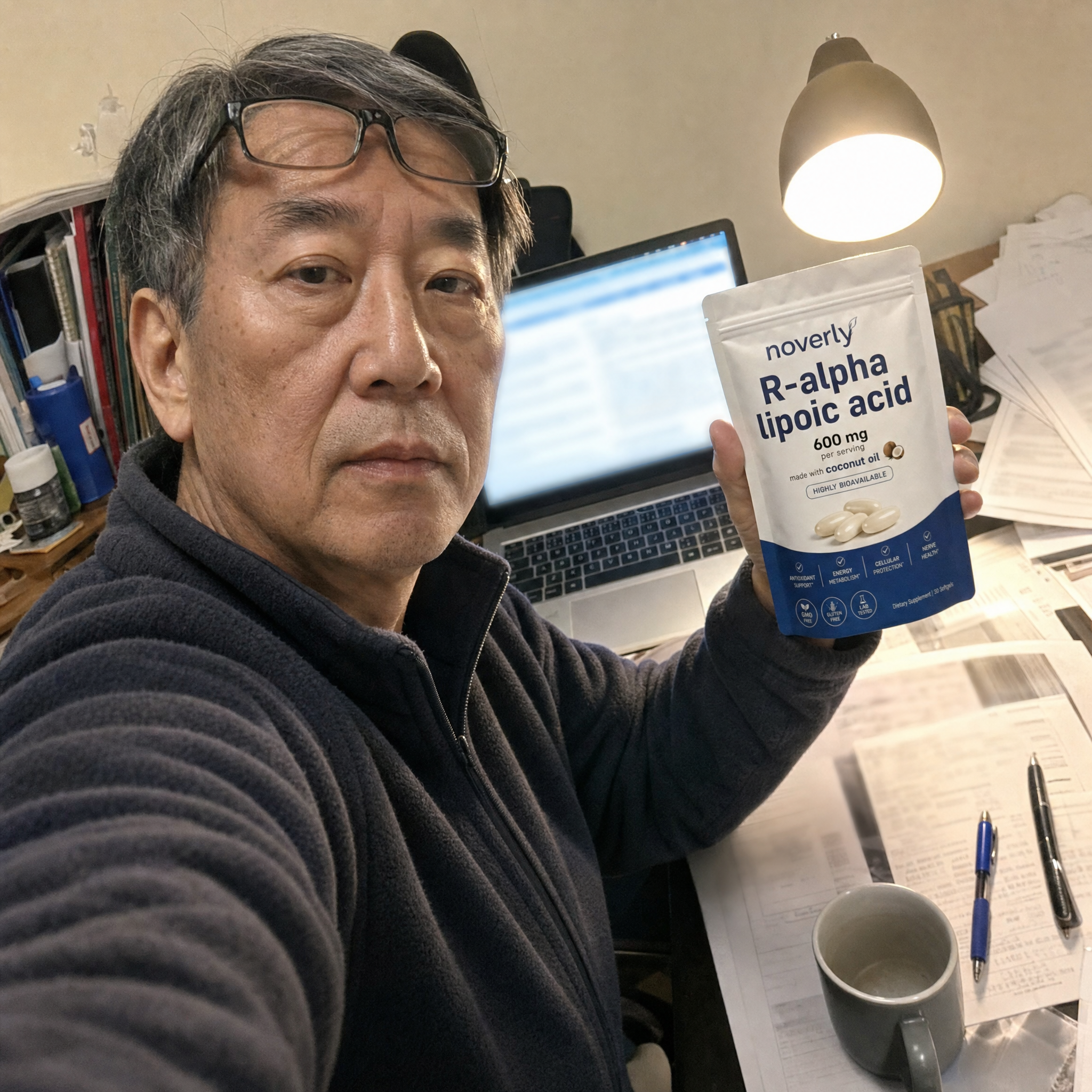 Customer in his desk at 1am holding the Noverly pouch