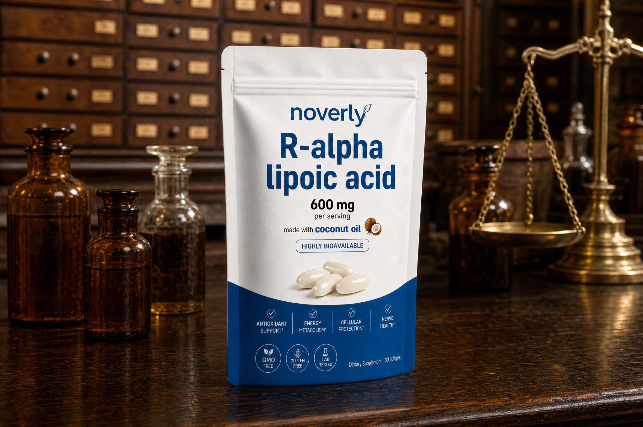 Noverly R-Alpha Lipoic Acid on an apothecary counter