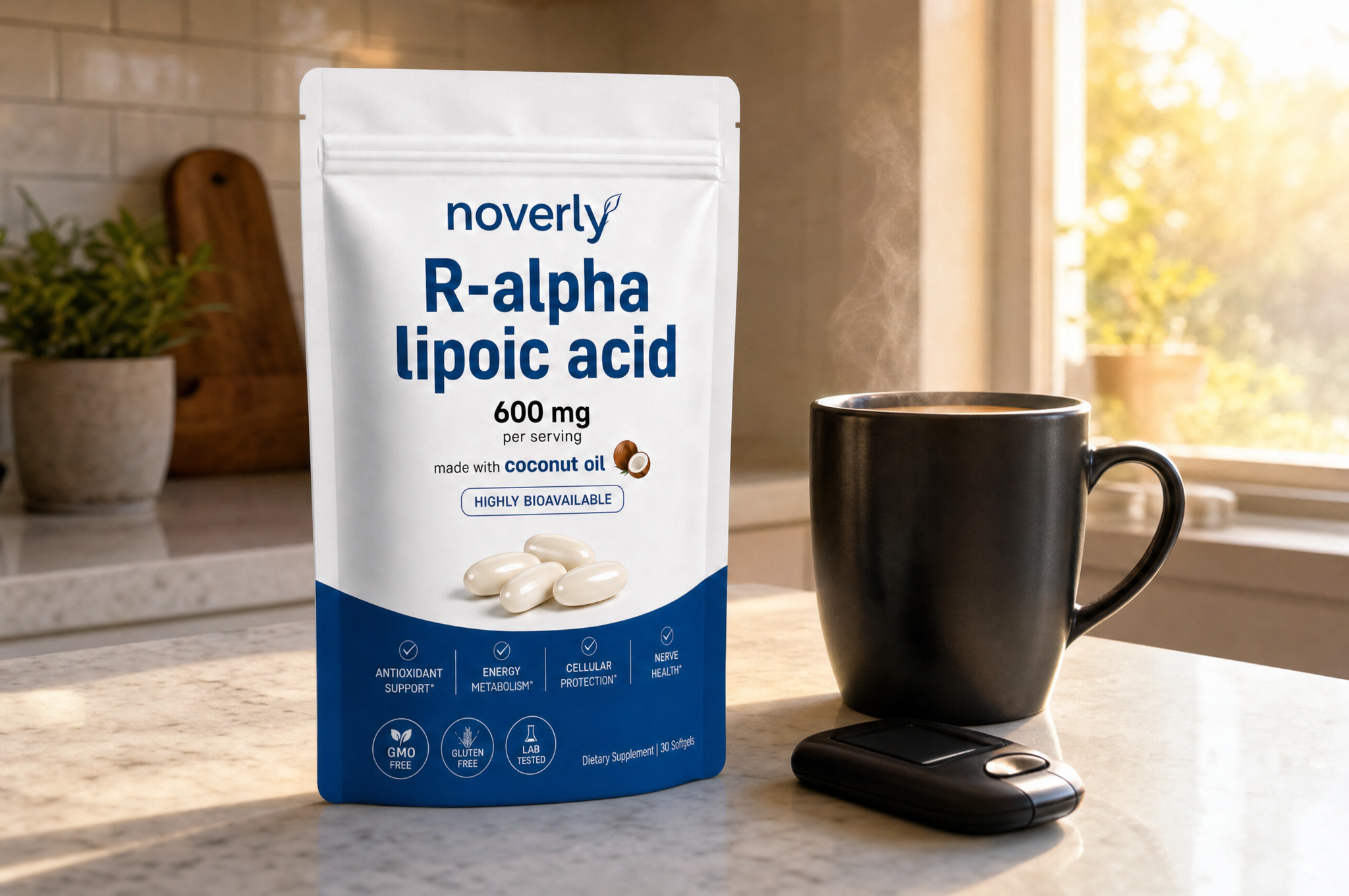 Noverly R-Alpha Lipoic Acid on a kitchen counter