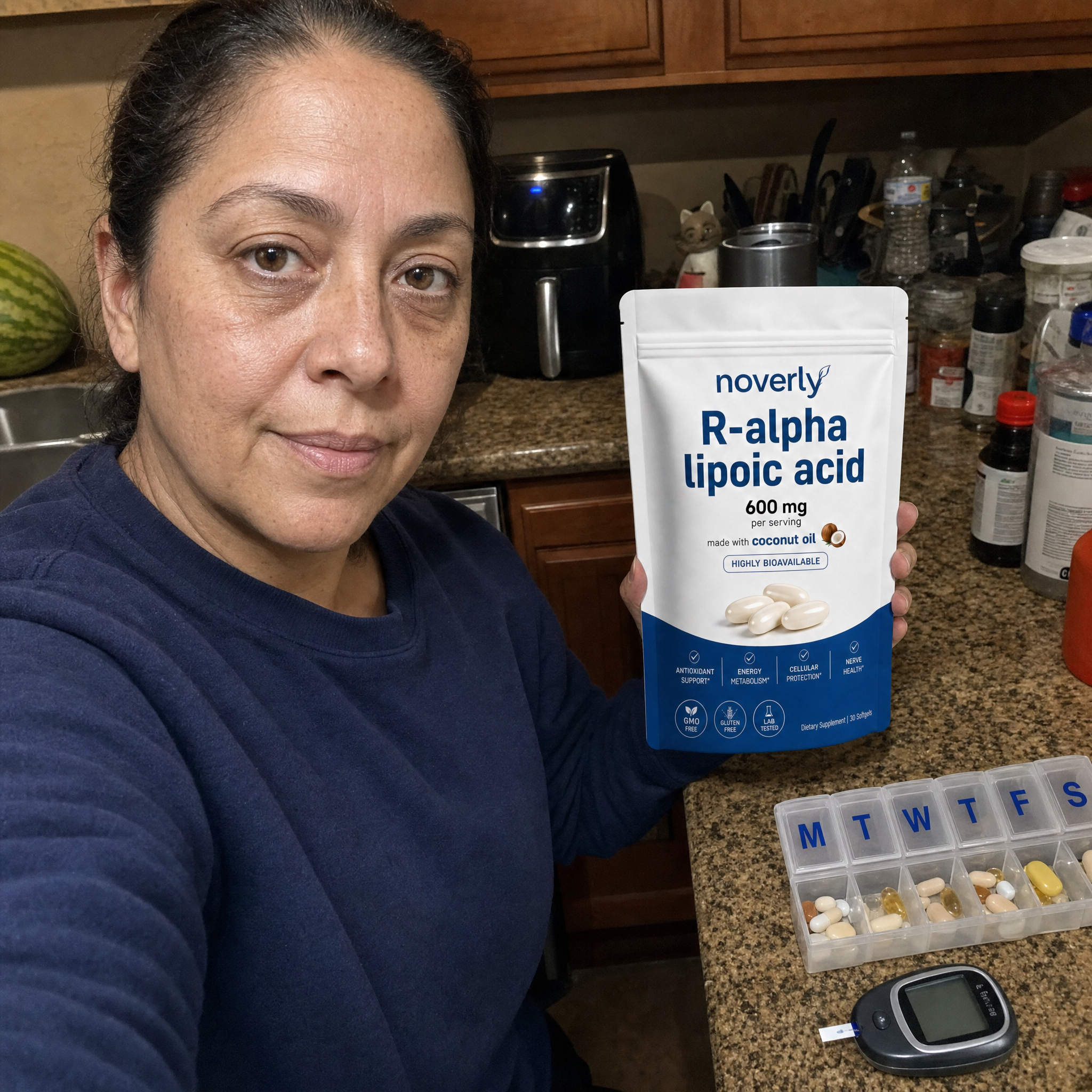 Marisol A. holding Noverly R-Alpha Lipoic Acid beside her pill organiser