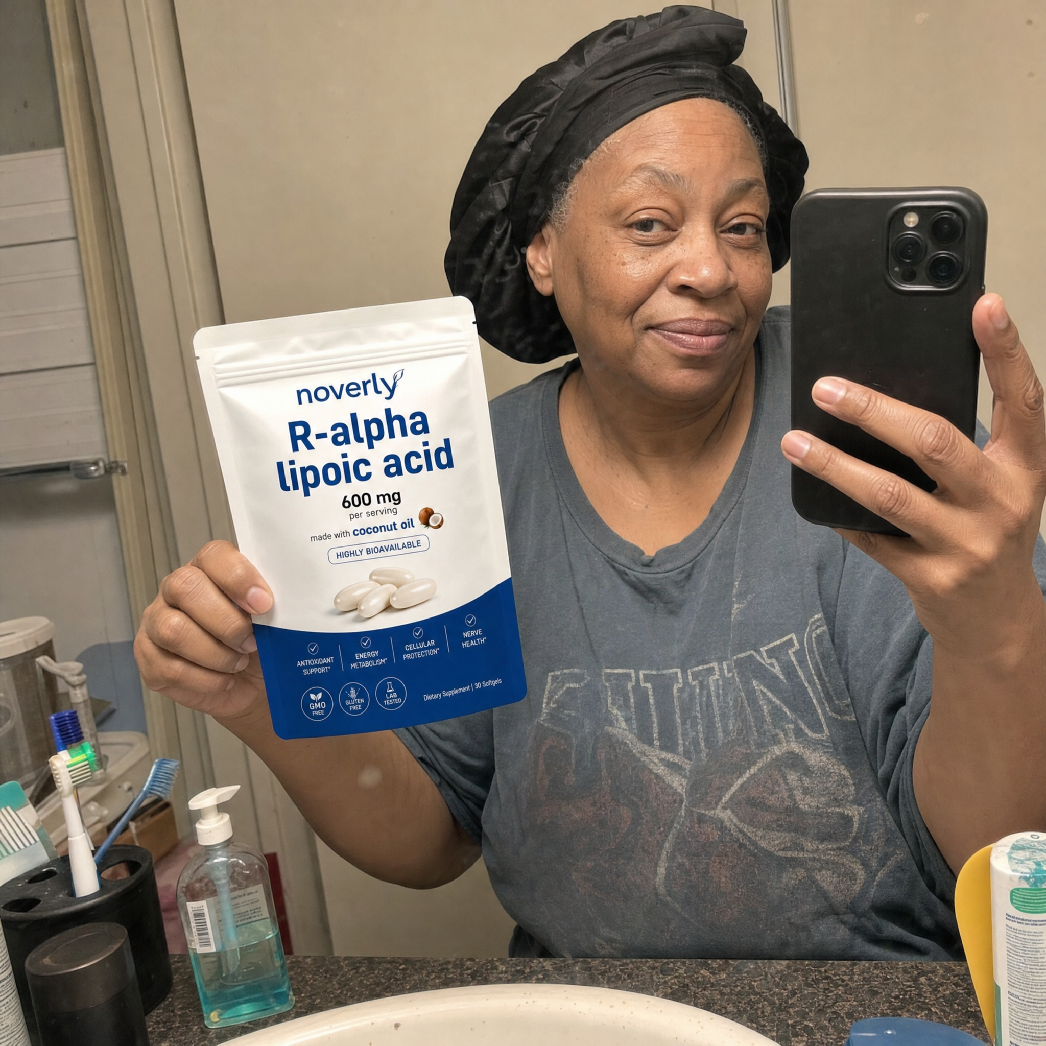 Denise W. holding Noverly R-Alpha Lipoic Acid