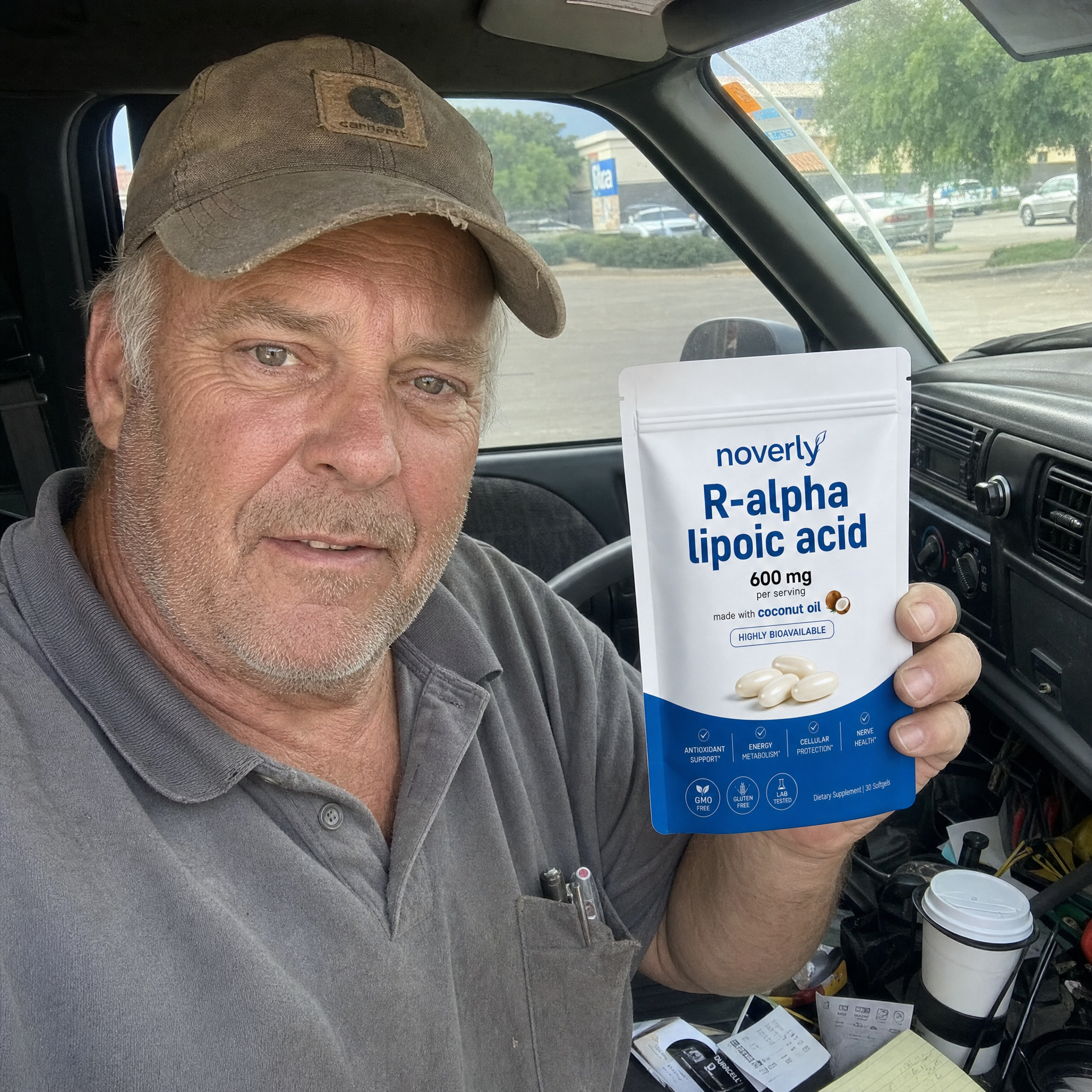 Ray T. holding Noverly R-Alpha Lipoic Acid