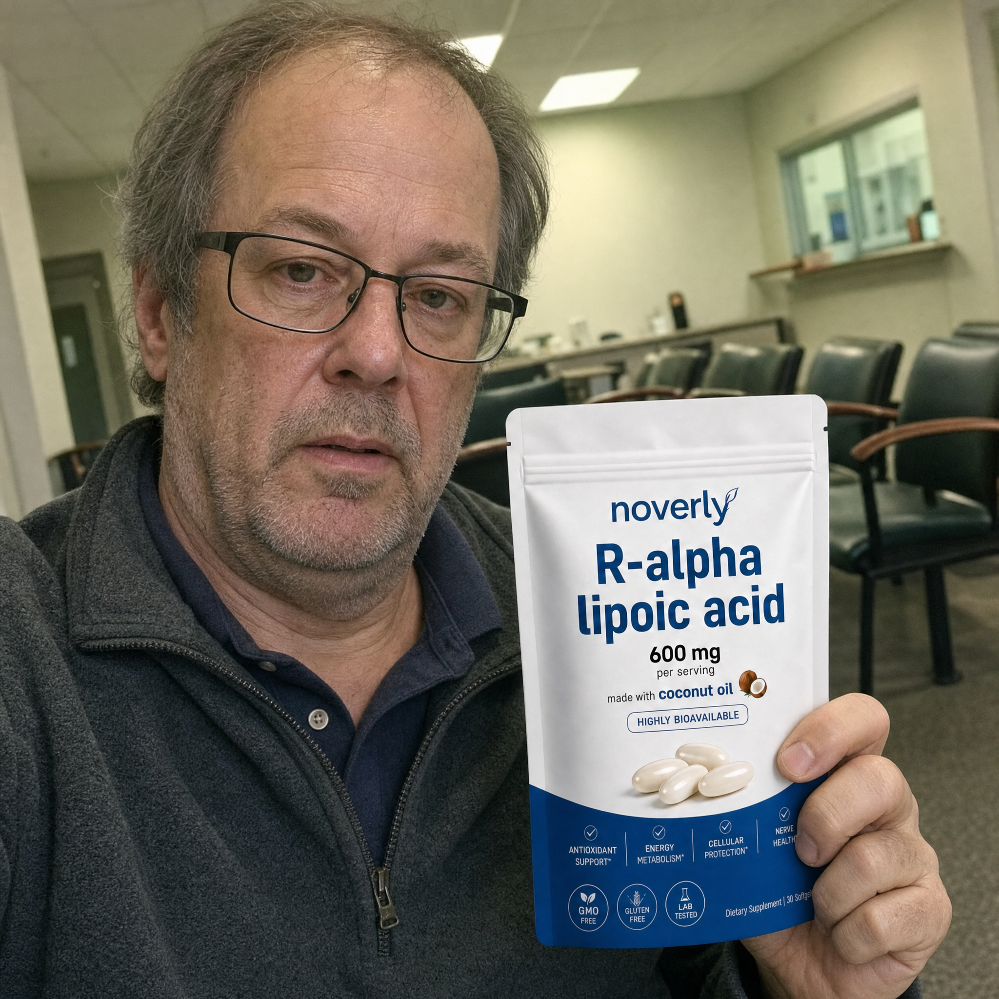 Hank D. holding Noverly R-Alpha Lipoic Acid