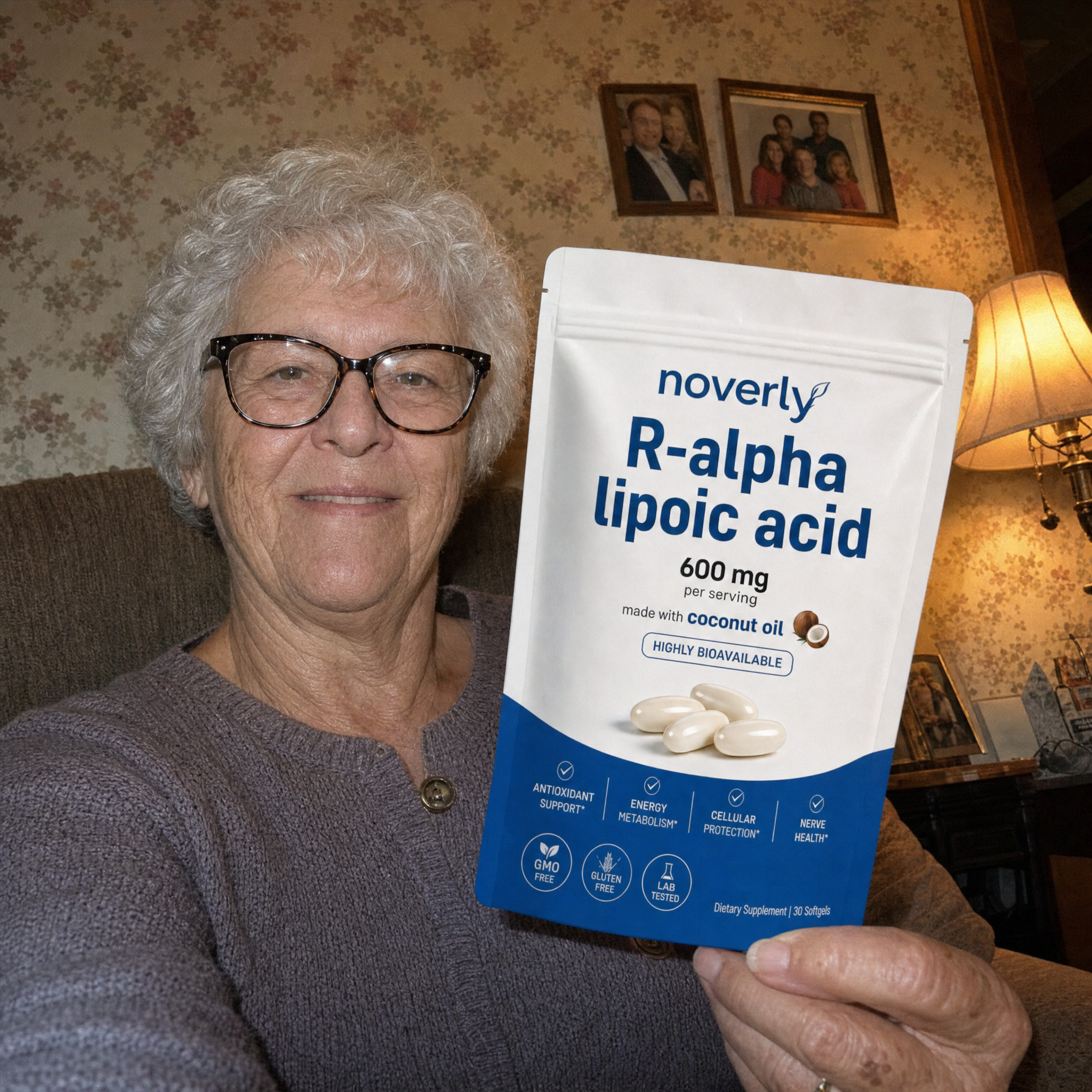 Ellen R. holding Noverly R-Alpha Lipoic Acid