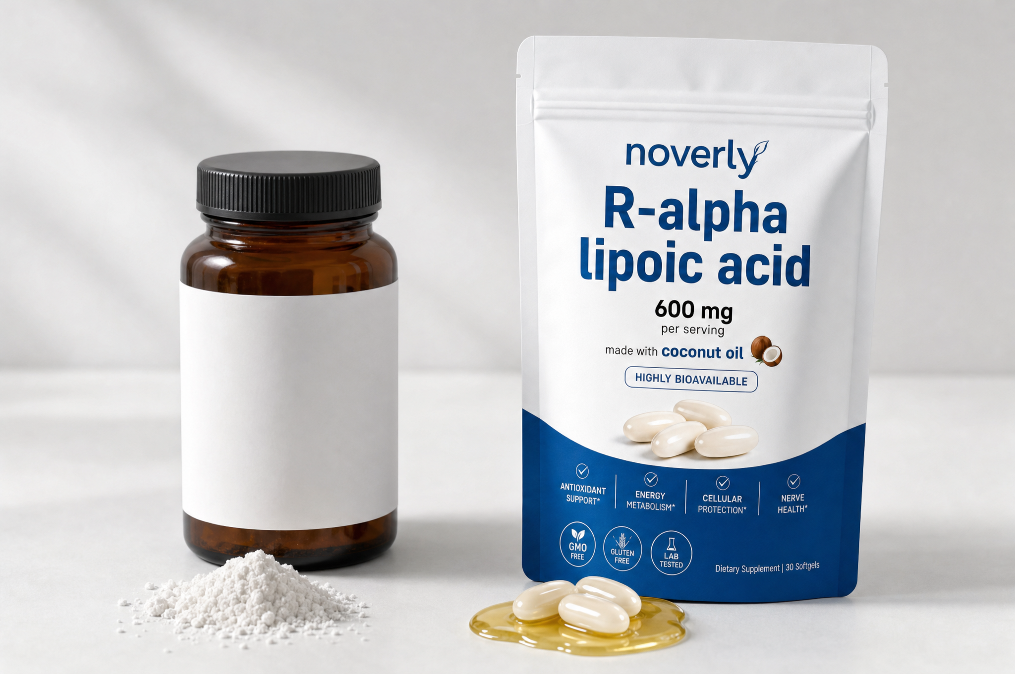 Dry chalky powder beside softgels resting in coconut oil
