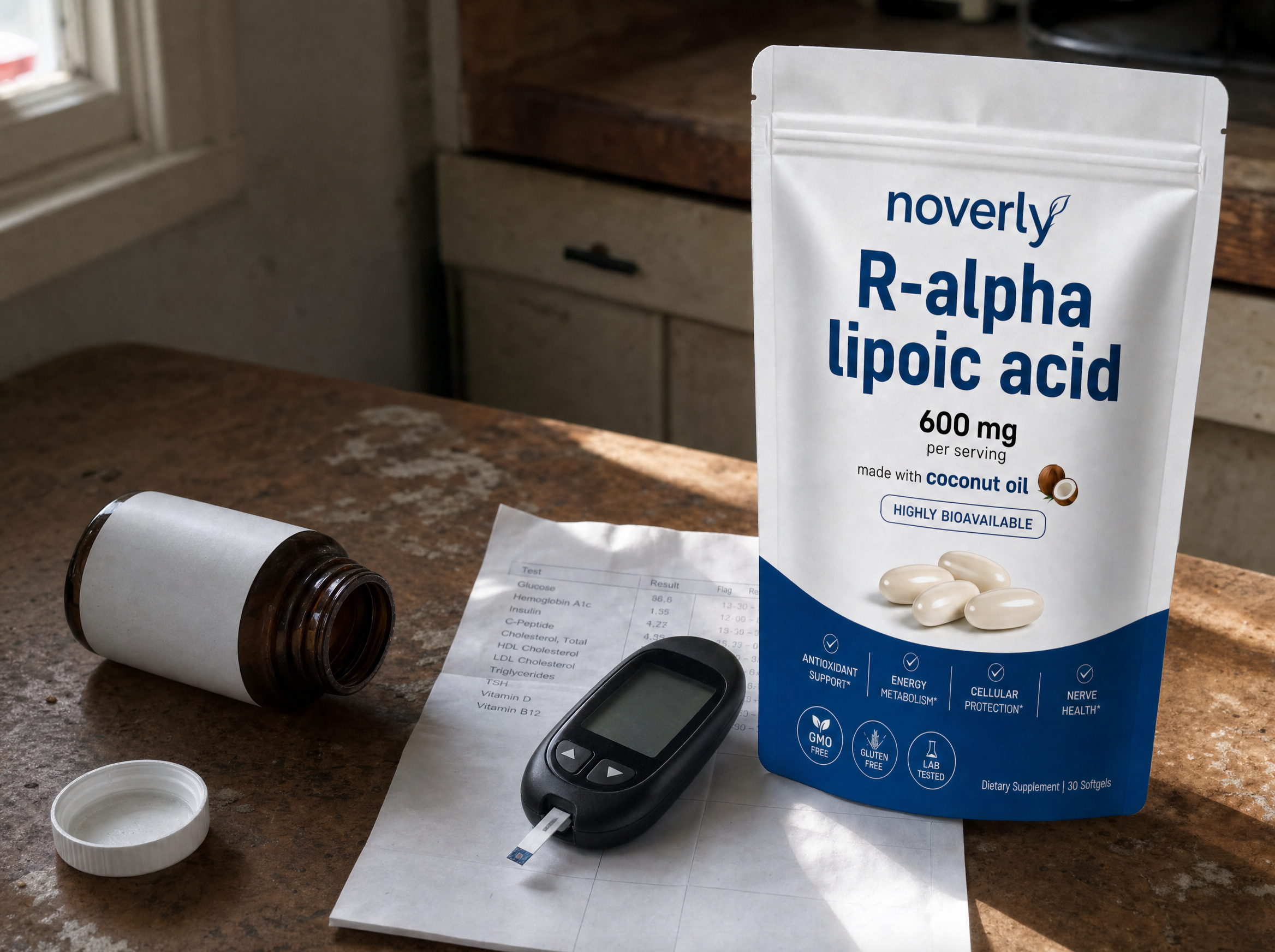 A discarded generic alpha lipoic acid bottle beside Noverly pure R-form