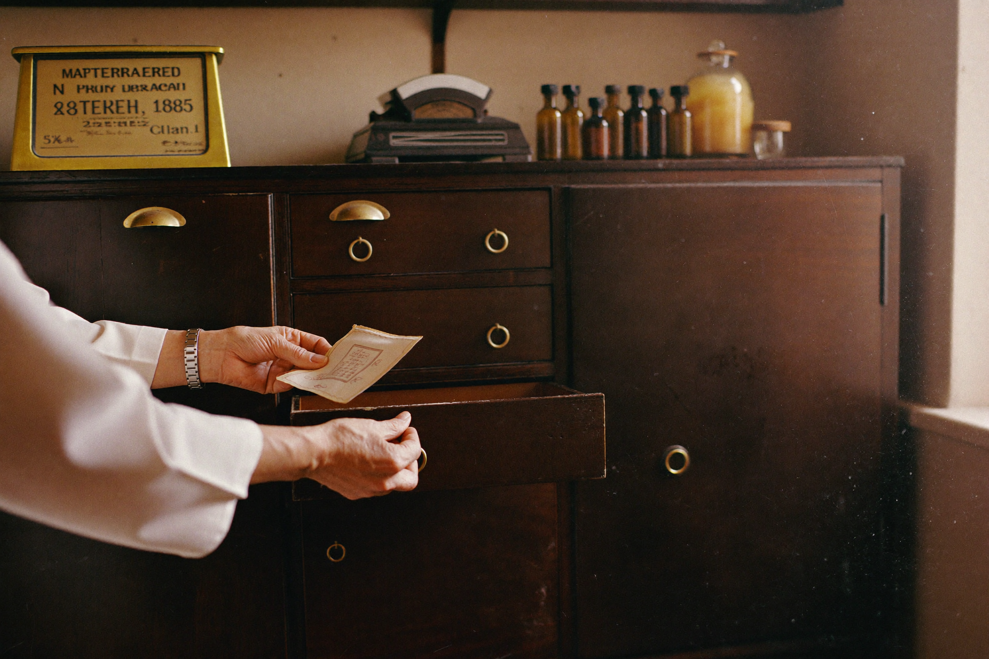 A 1960s German apothecary dispensing cabinet