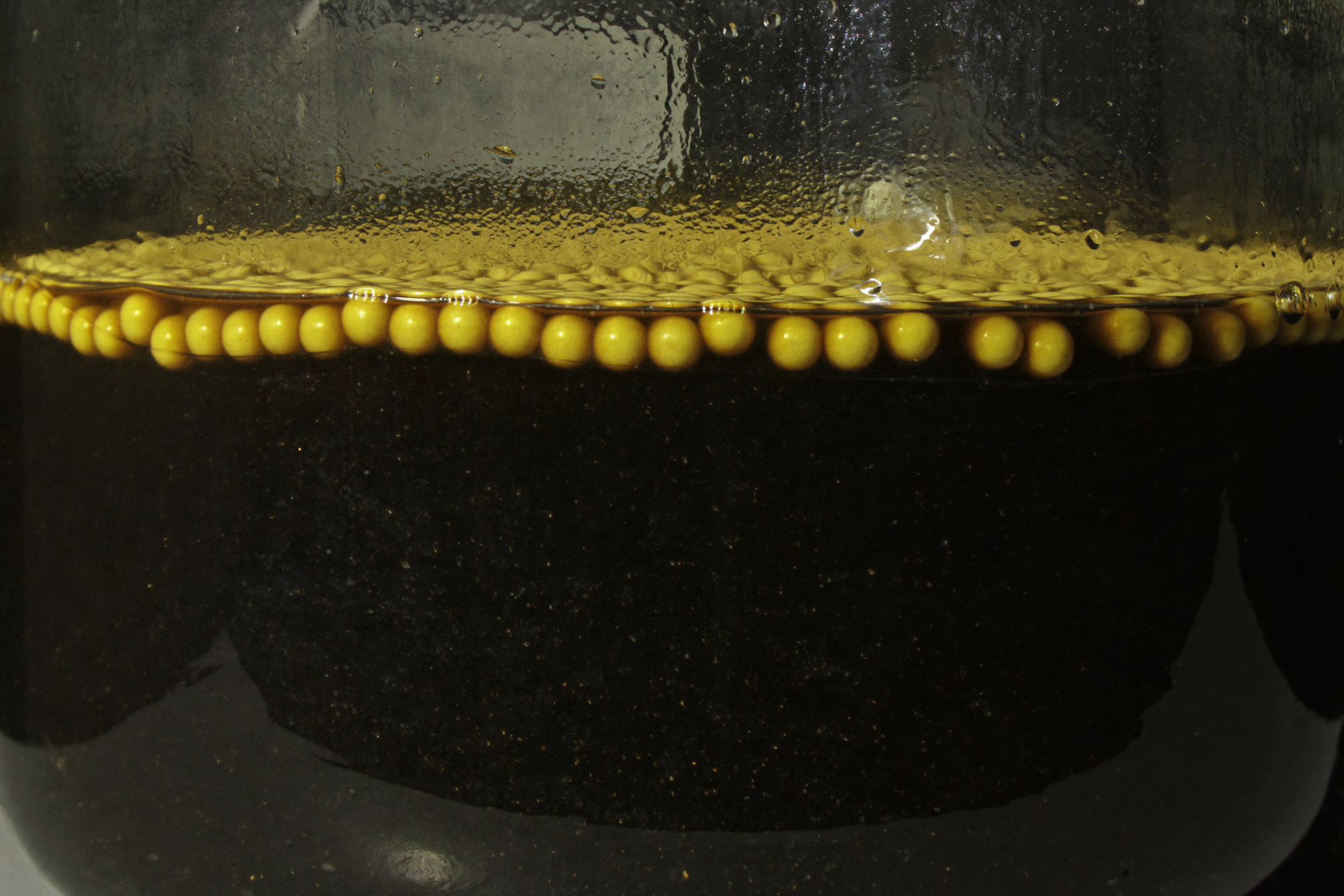 Yellow capsules dissolving on the surface of dark liquid that stays unchanged