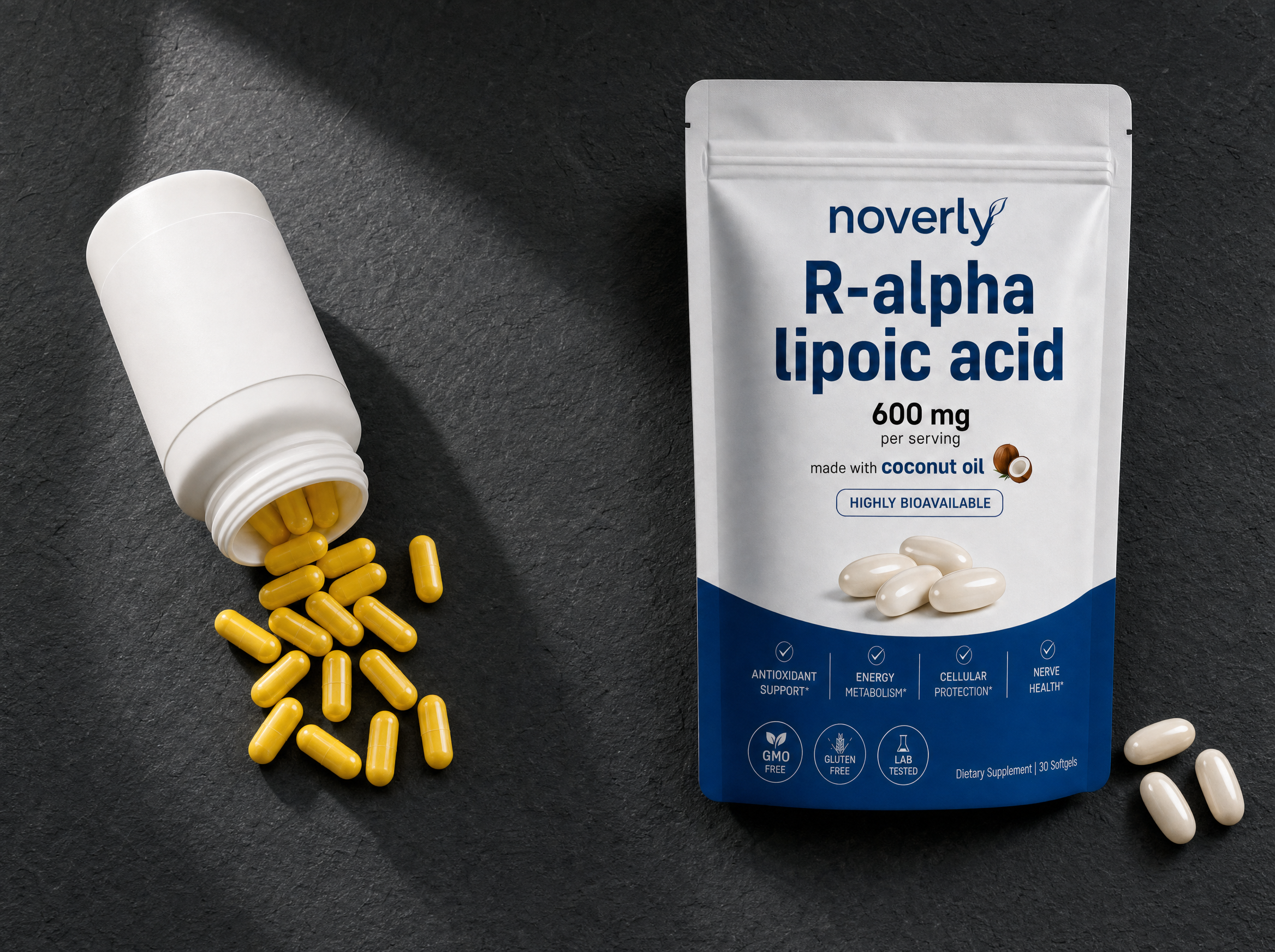 A tipped-over bottle spilling yellow capsules beside the Noverly pouch