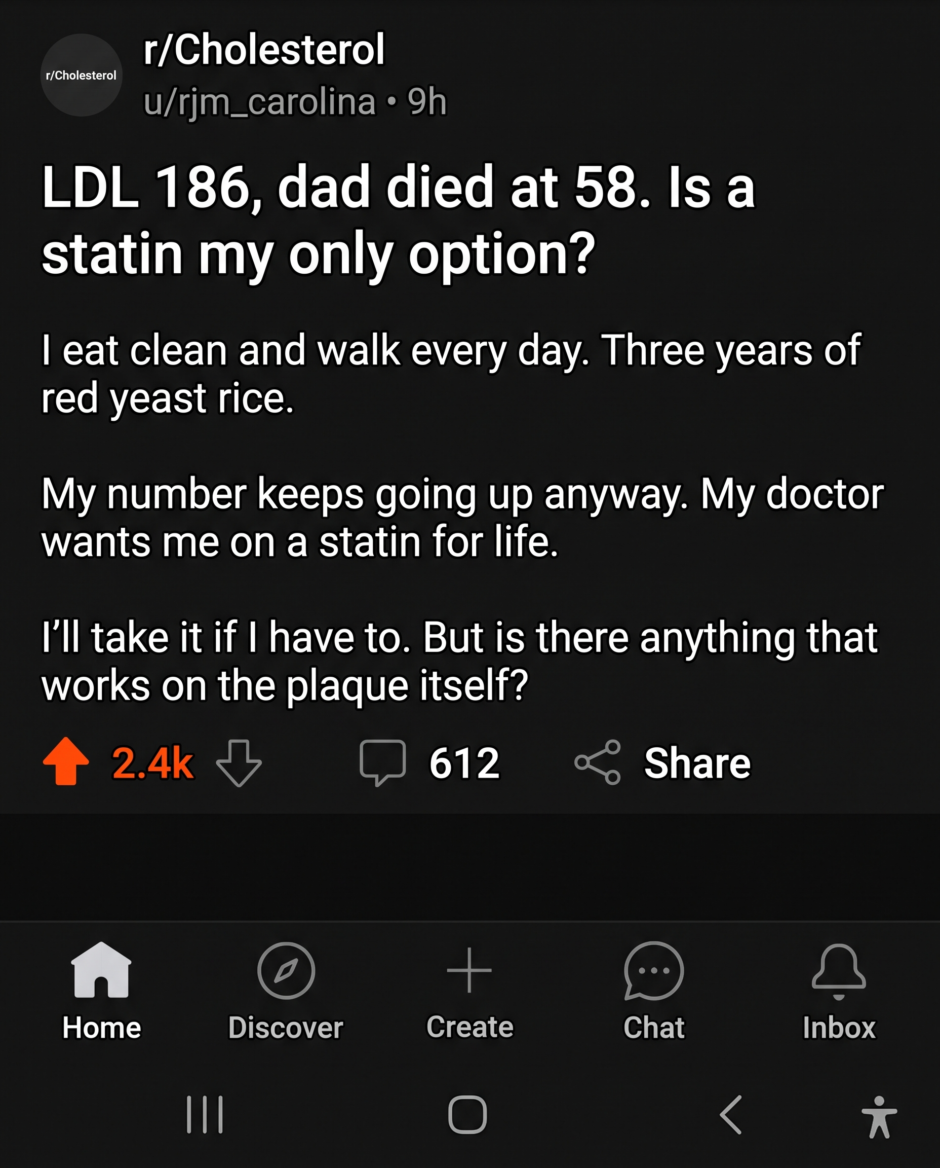Reddit post: LDL 186, dad died at 58 — is a statin my only option?