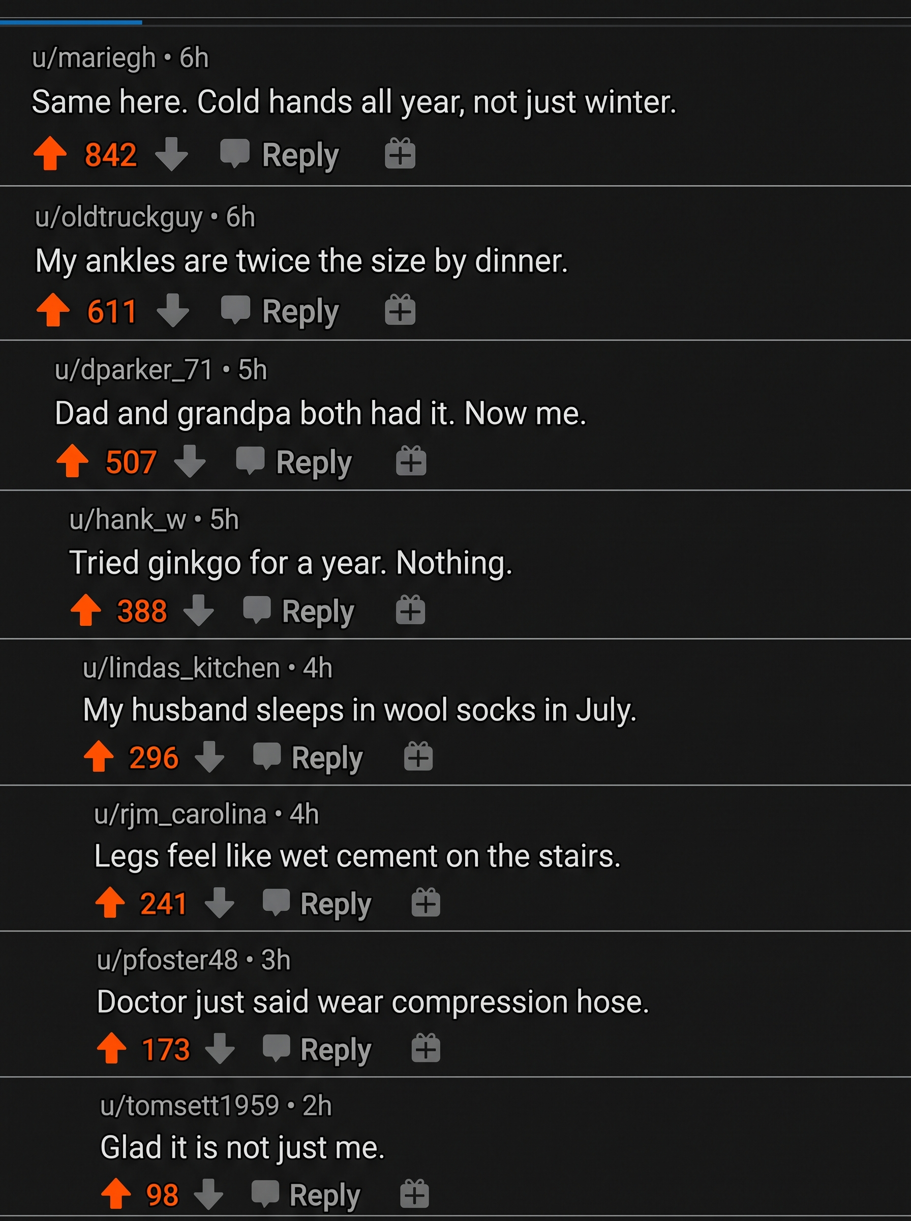 Thread full of comments describing cold hands and swollen ankles