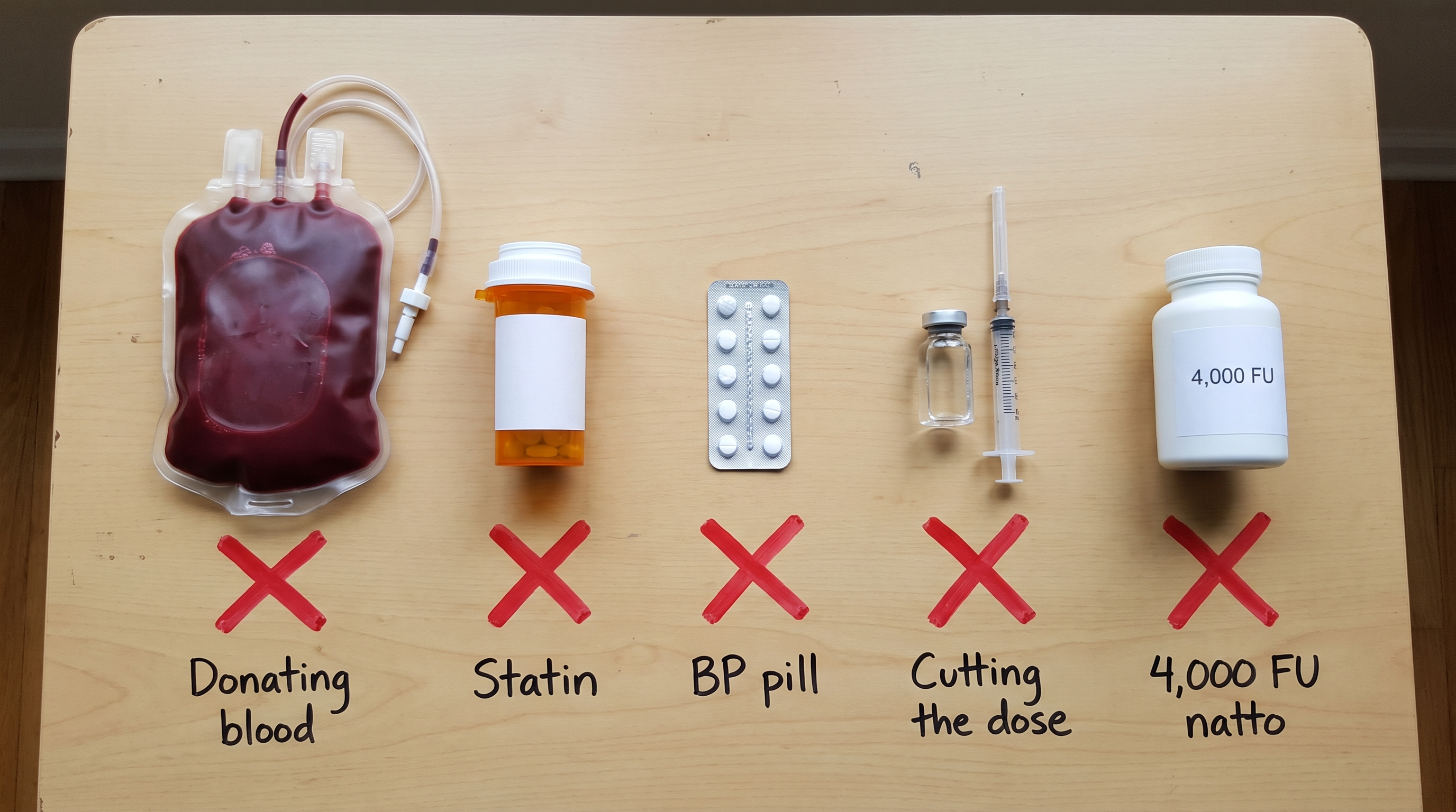 Donating blood, statin, BP pill, cutting the dose, 4,000 FU natto — all crossed out