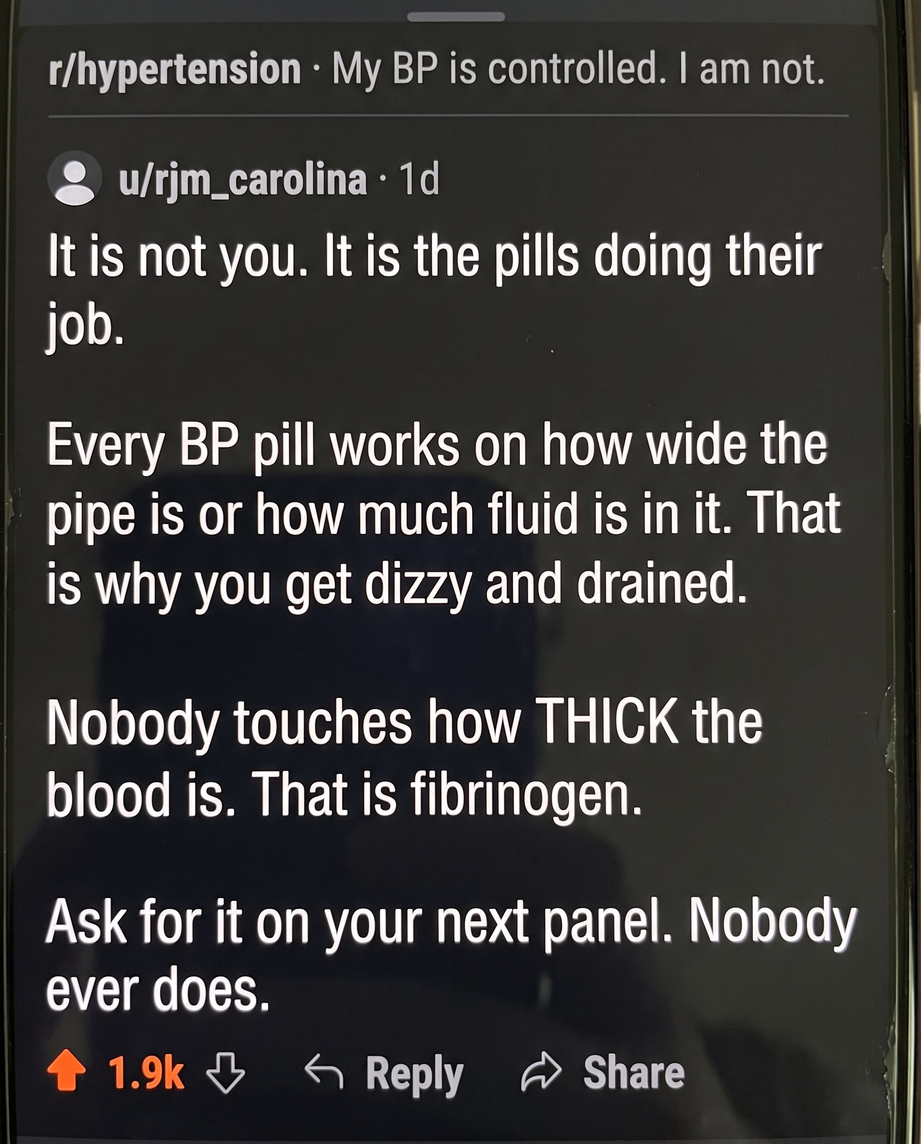 Reddit comment: nobody touches how thick the blood is — ask for fibrinogen