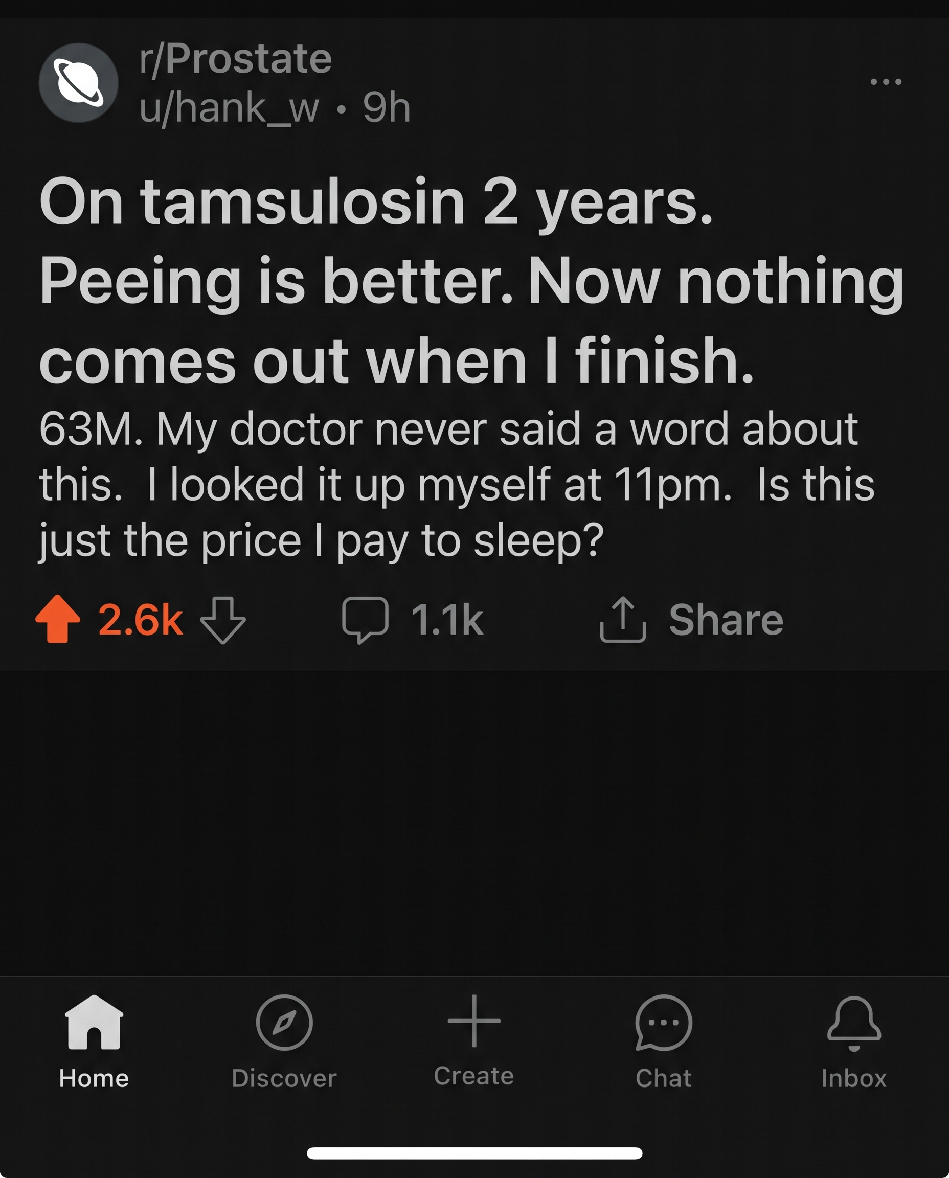 Reddit post: on tamsulosin two years, peeing is better, nothing comes out when I finish