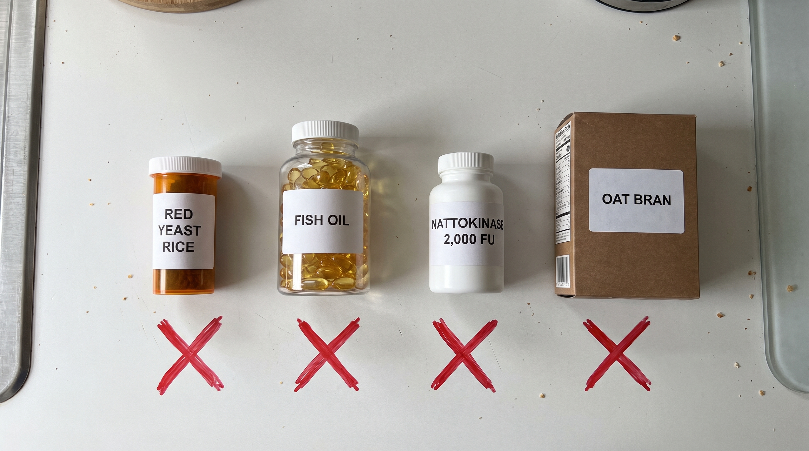 Red yeast rice, fish oil, 2,000 FU nattokinase and oat bran — all crossed out