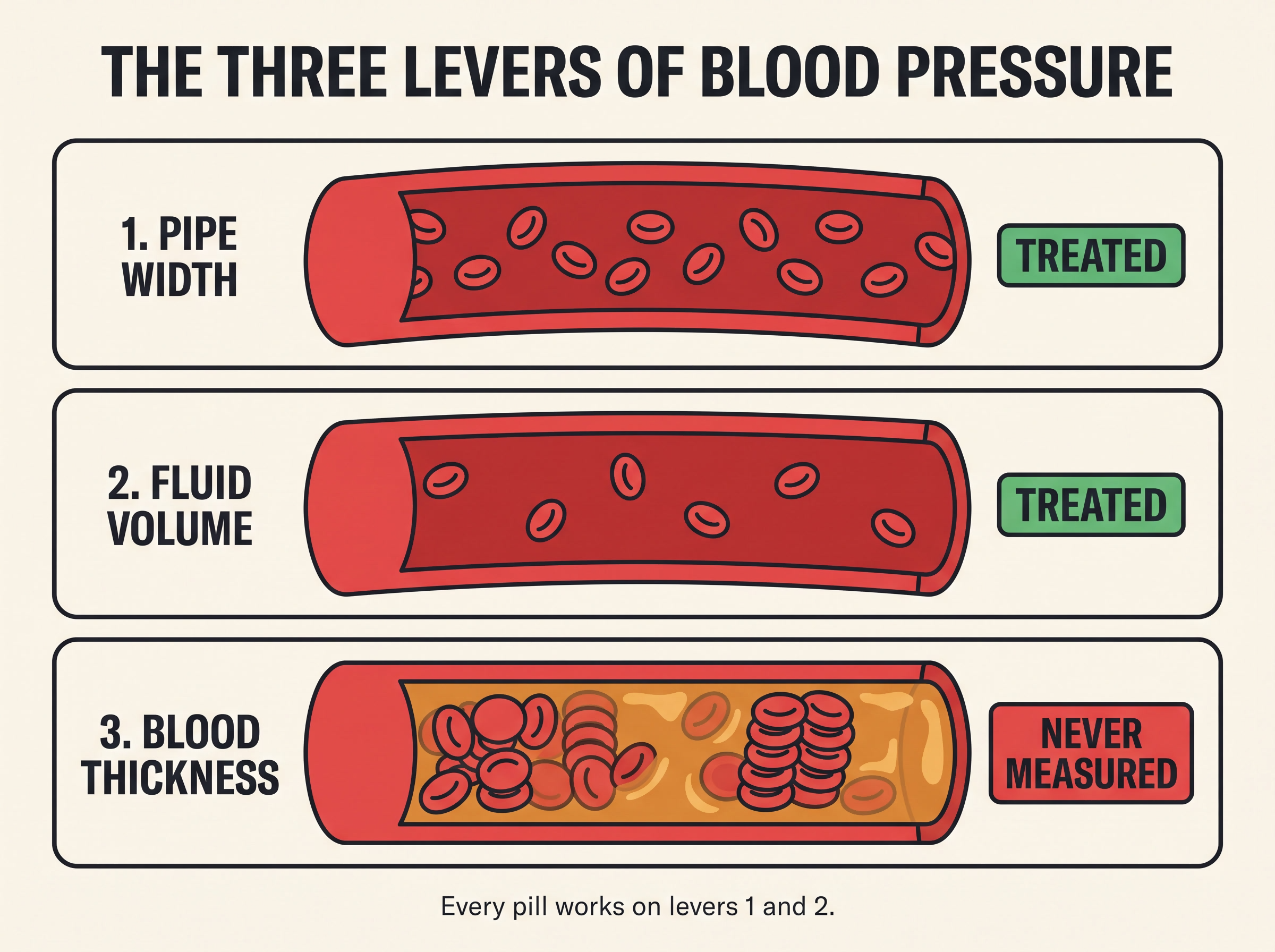 The three levers of blood pressure: pipe width, fluid volume, blood thickness