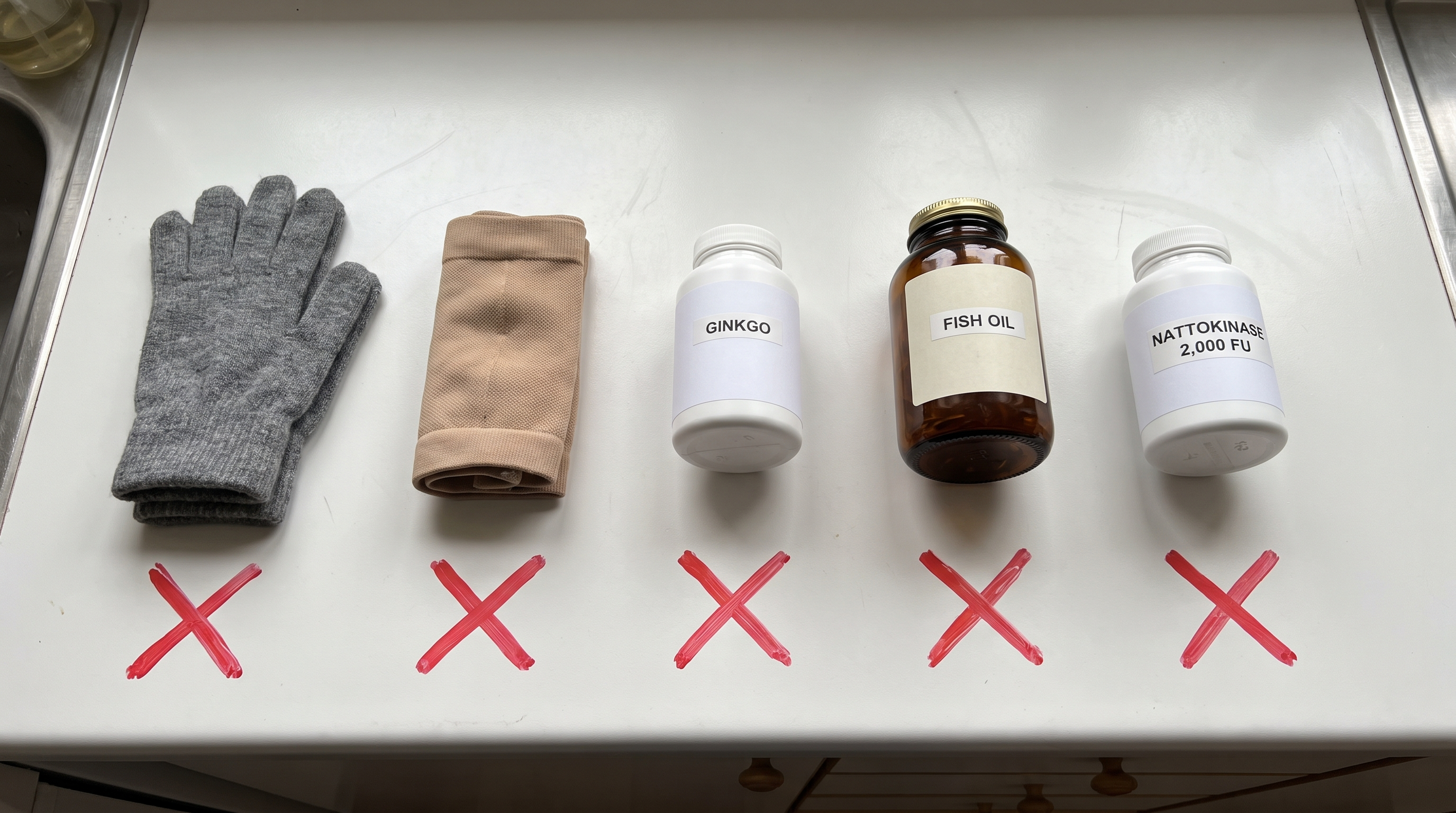 Gloves, compression socks, ginkgo, fish oil and a 2,000 FU nattokinase bottle, each marked with an X